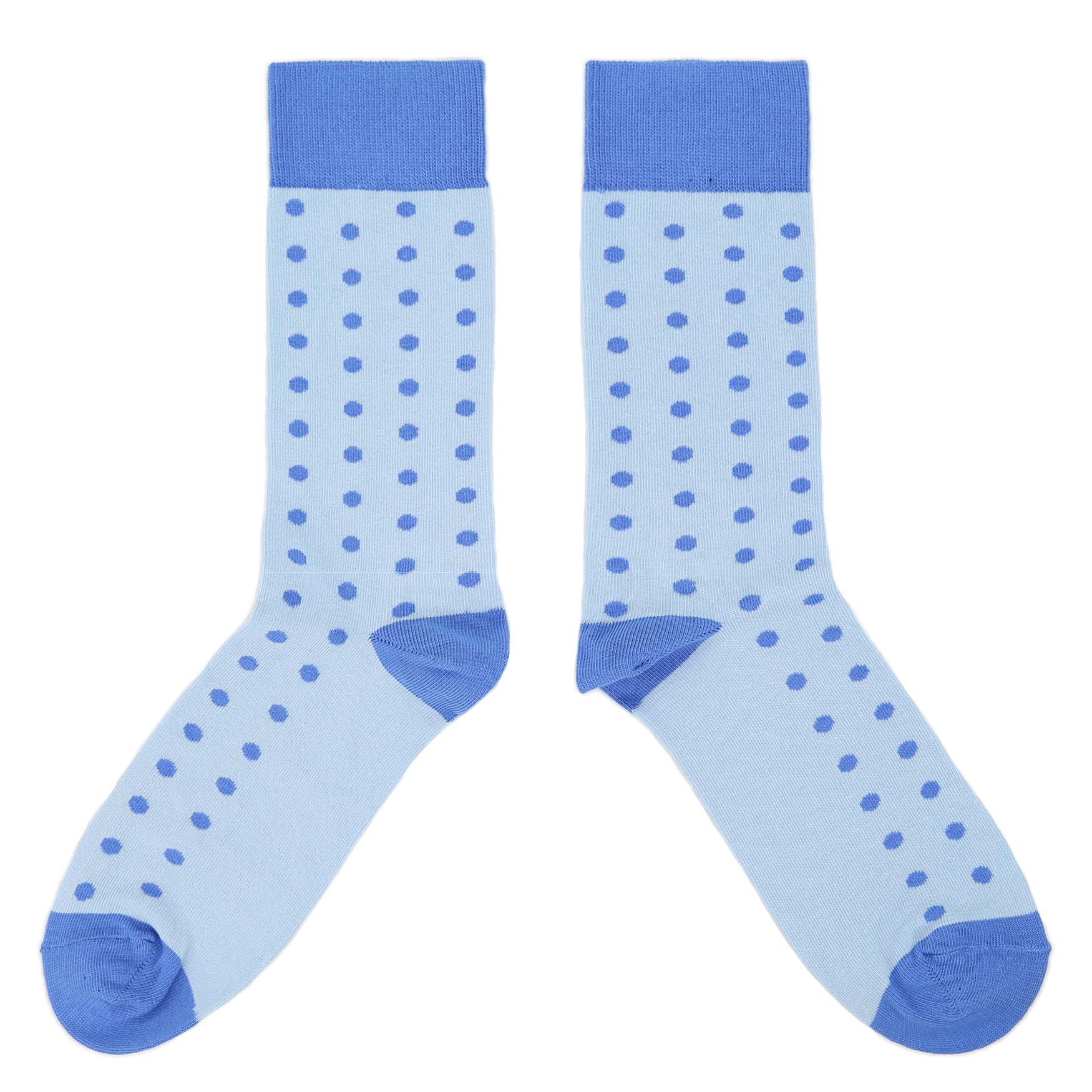 Pair of light blue socks with blue polka dots on a white background