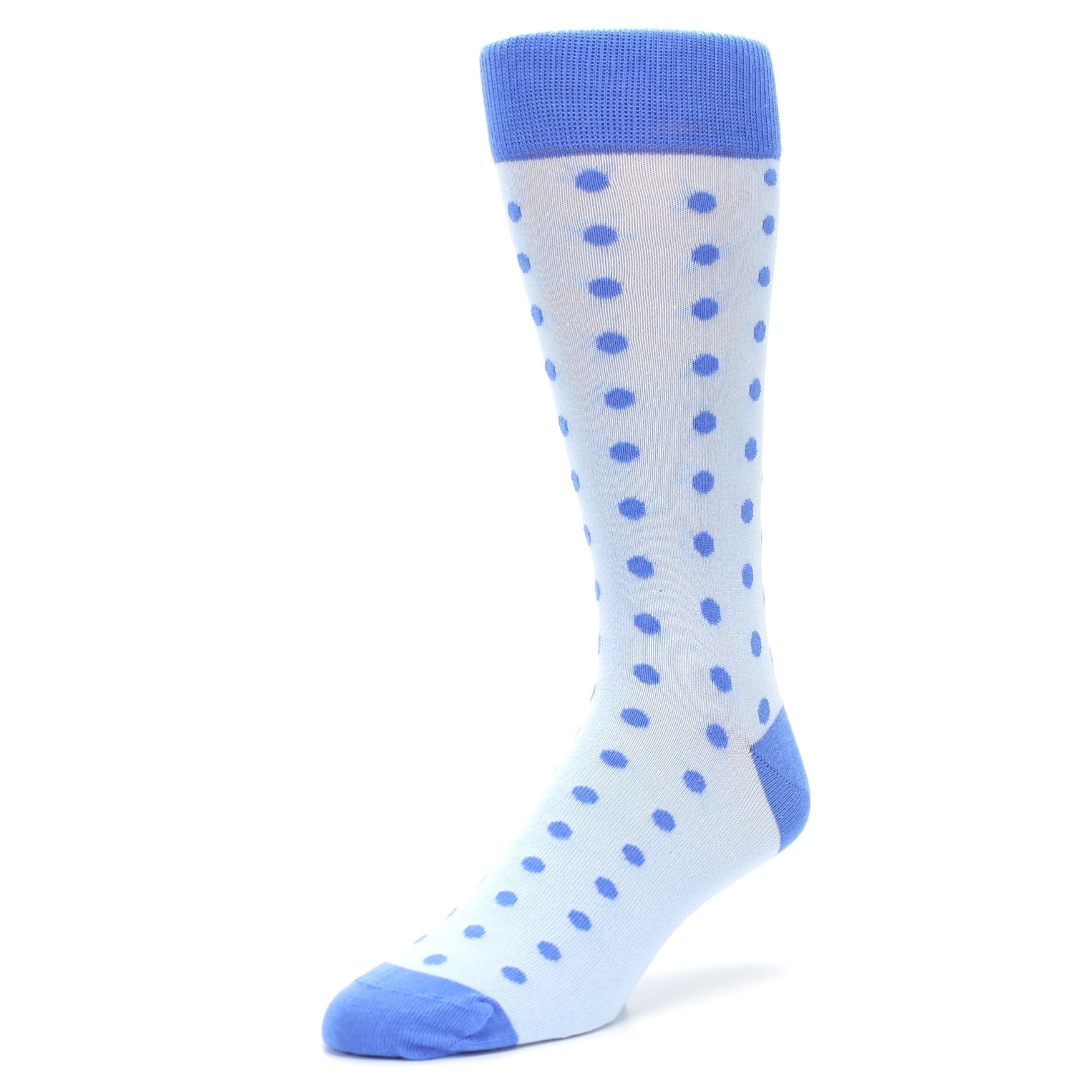 White sock with blue polka dots and cuffs on a white background