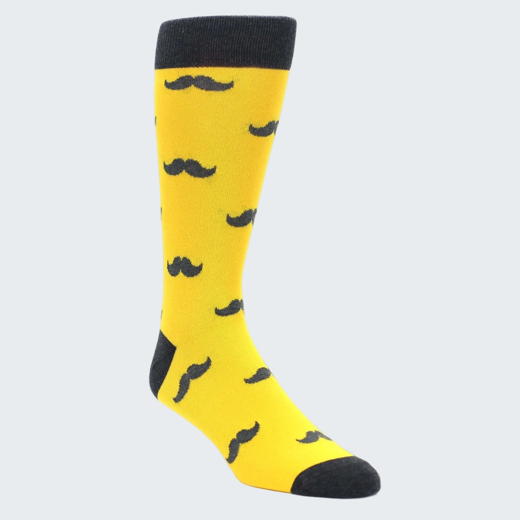 Yellow sock with black mustache pattern on a white background