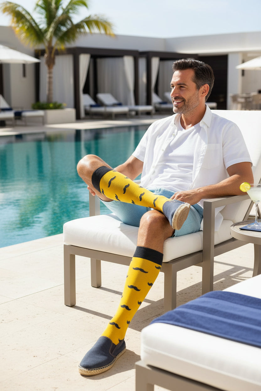 Yellow sock with black mustache patterns on a white background