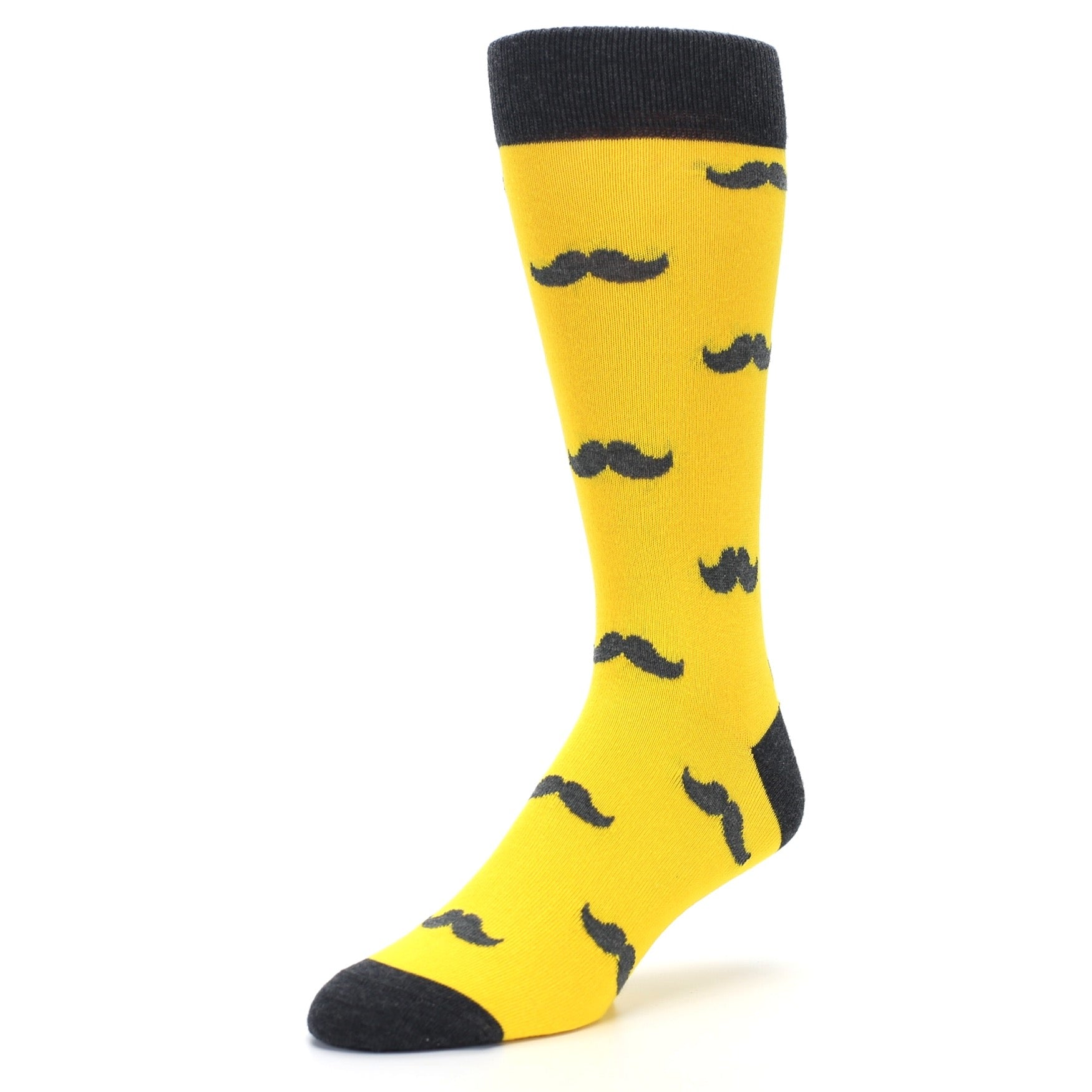 Yellow sock with black mustache patterns on a white background