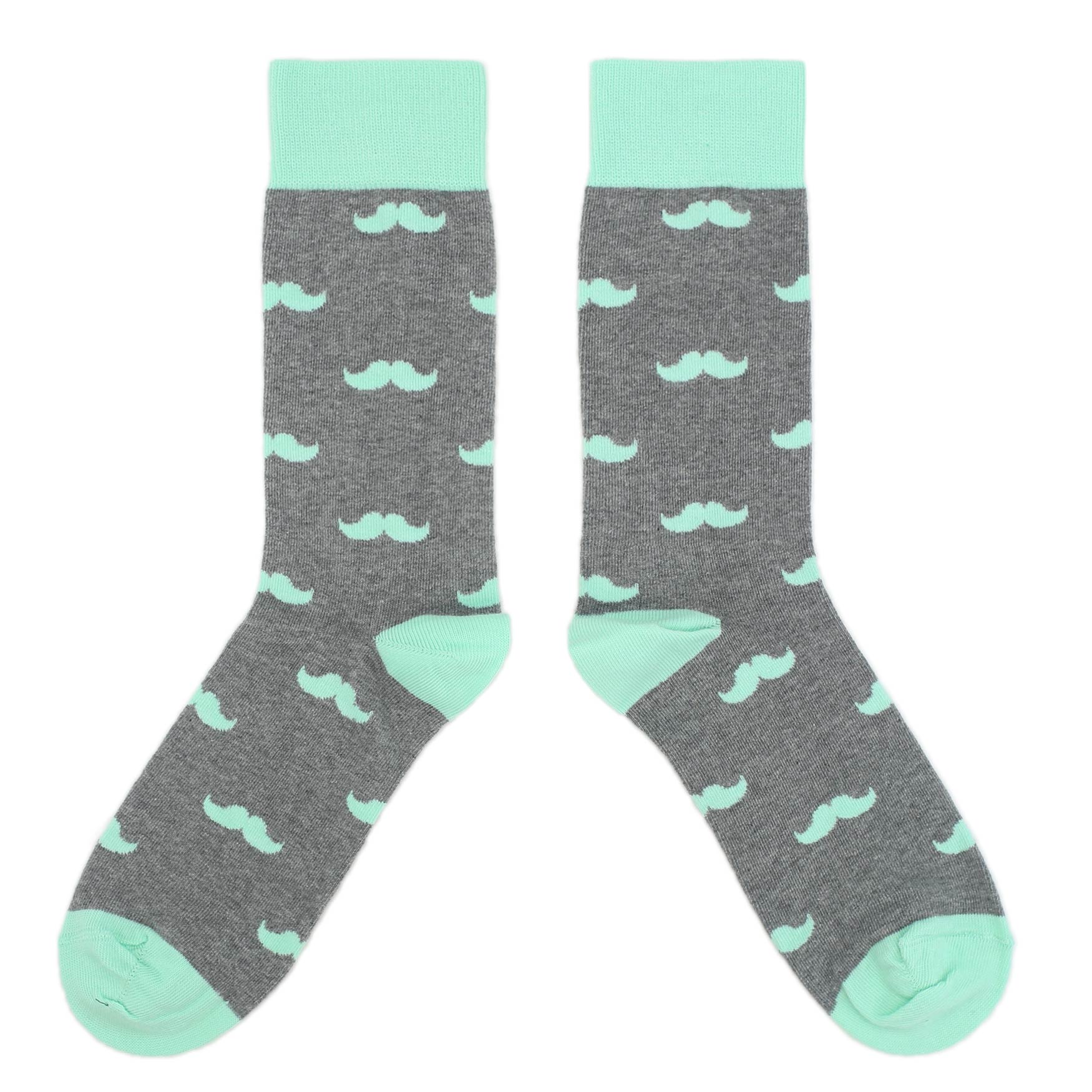 Gray socks with mint green mustache pattern on a white background