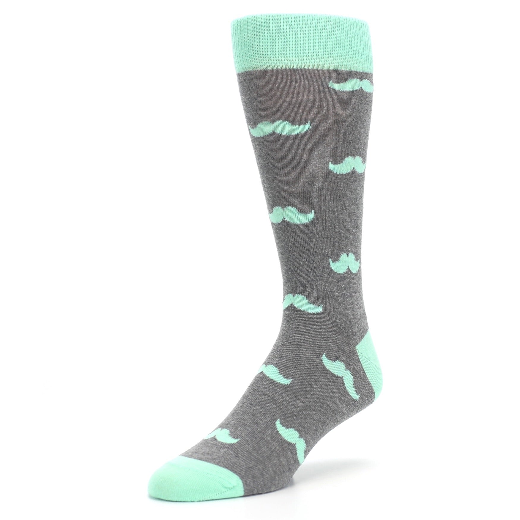 Gray sock with green mustache pattern and green cuffs and toes on a white background
