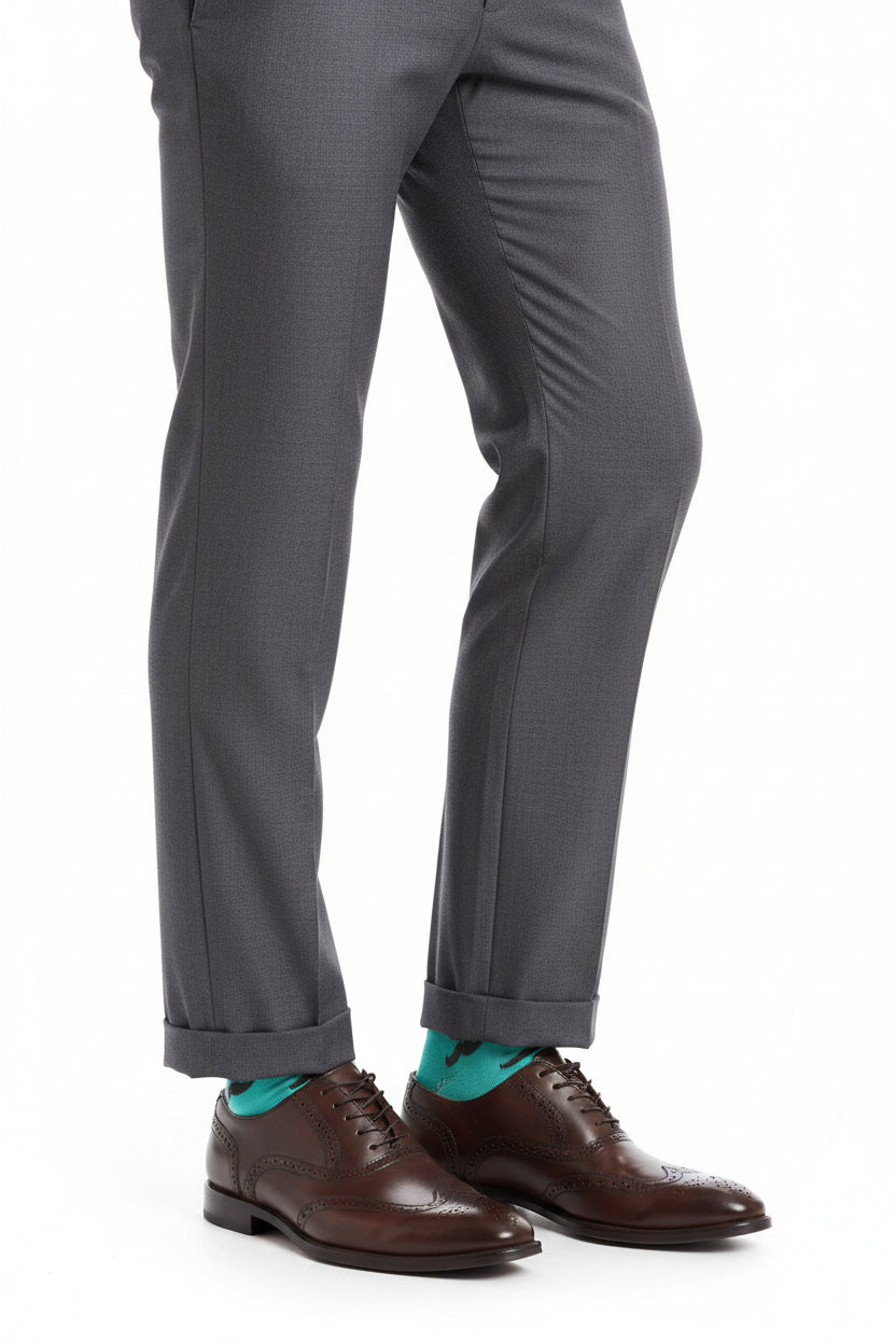 Turquoise sock with black mustache pattern on a white background