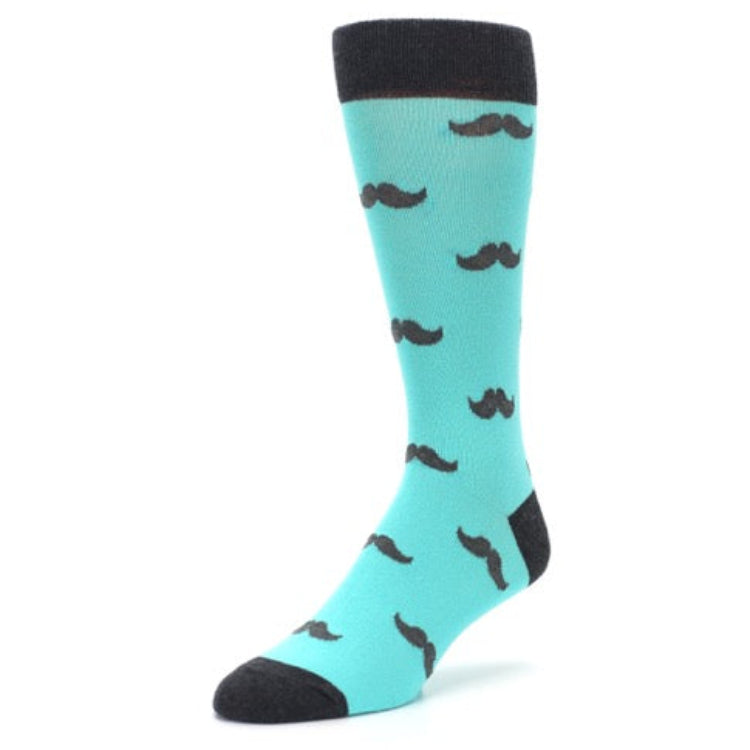 Turquoise sock with black mustache pattern on a white background