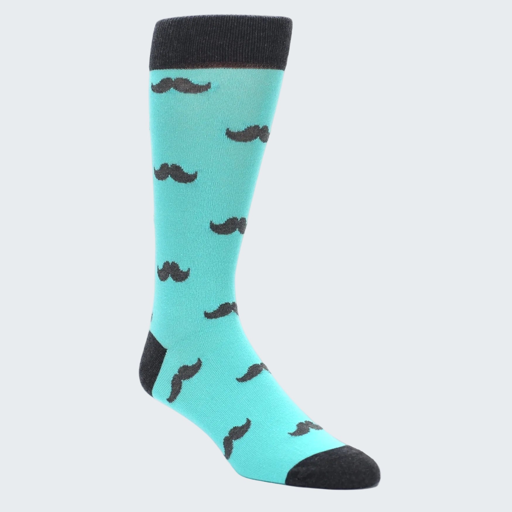 Turquoise sock with black mustache pattern on a white background