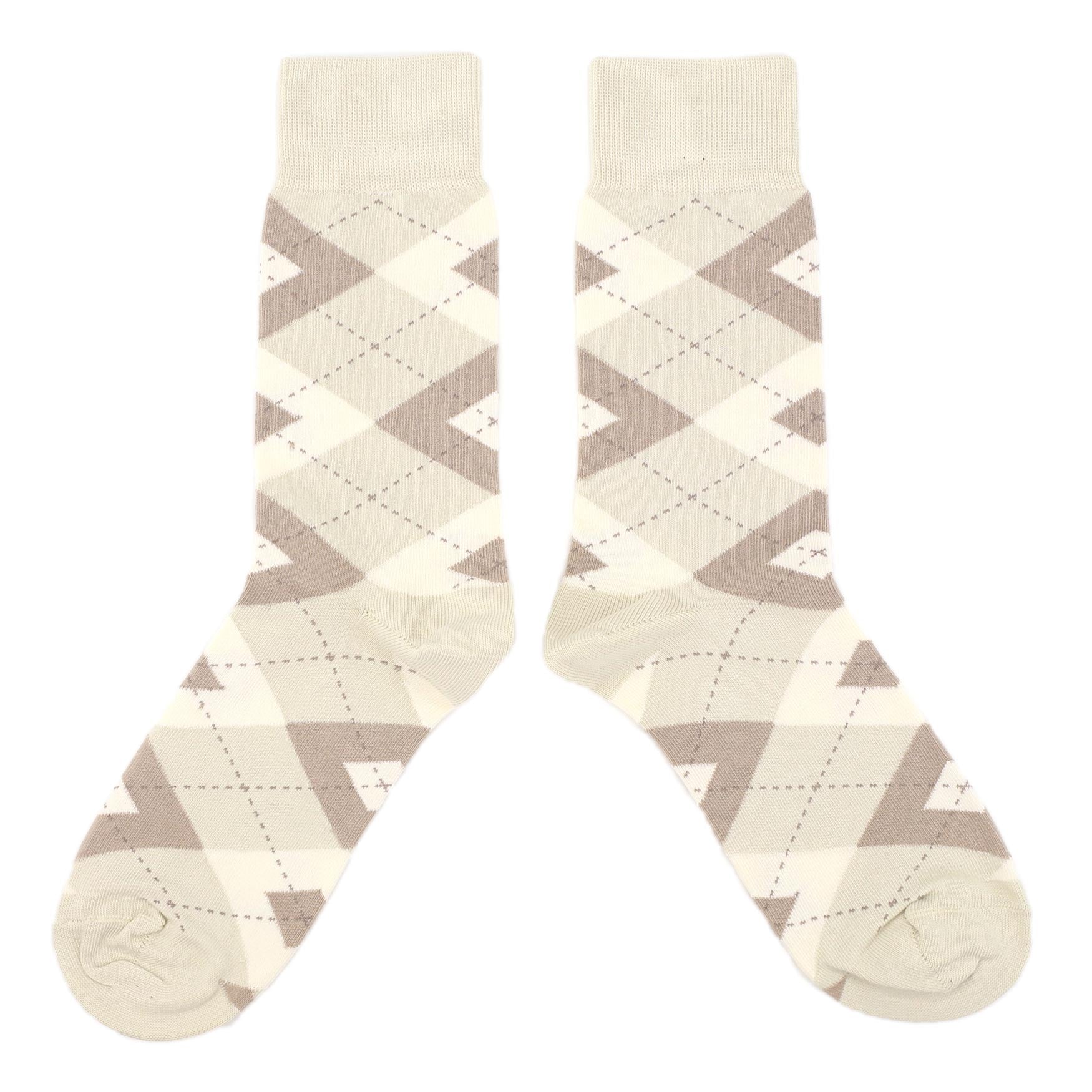 Pair of cream socks with gray geometric pattern on a white background