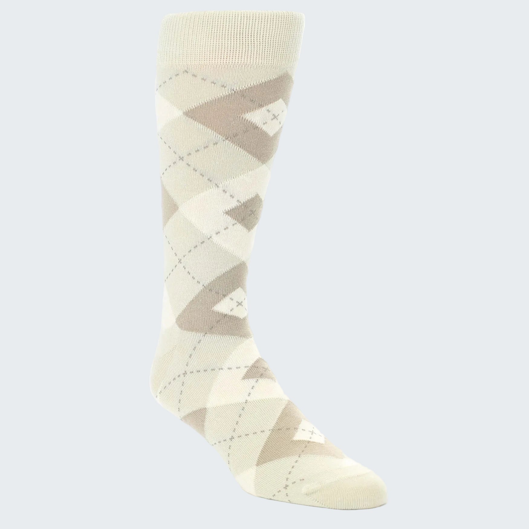 Beige and brown argyle patterned sock on a white background