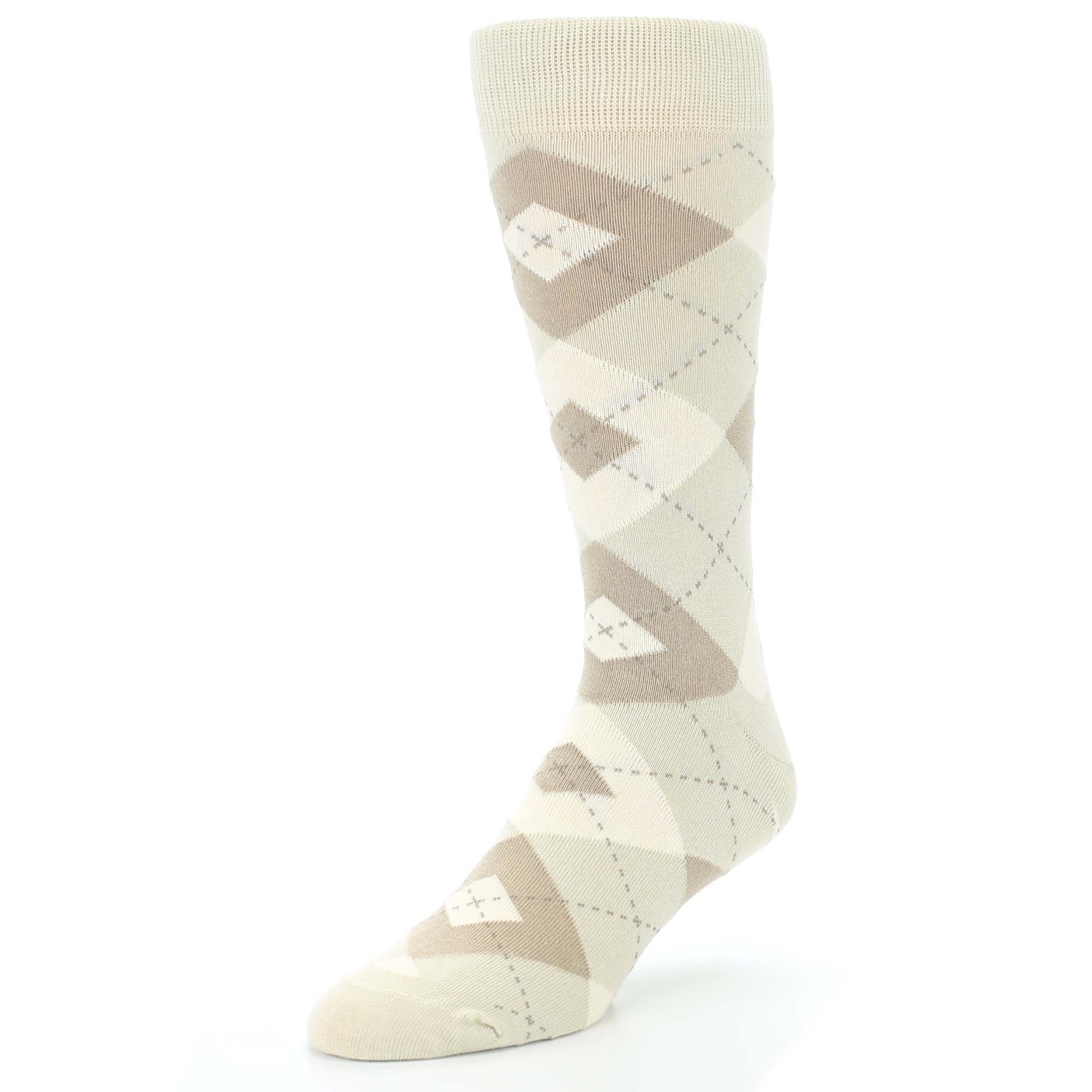 Beige and brown argyle patterned sock on a white background
