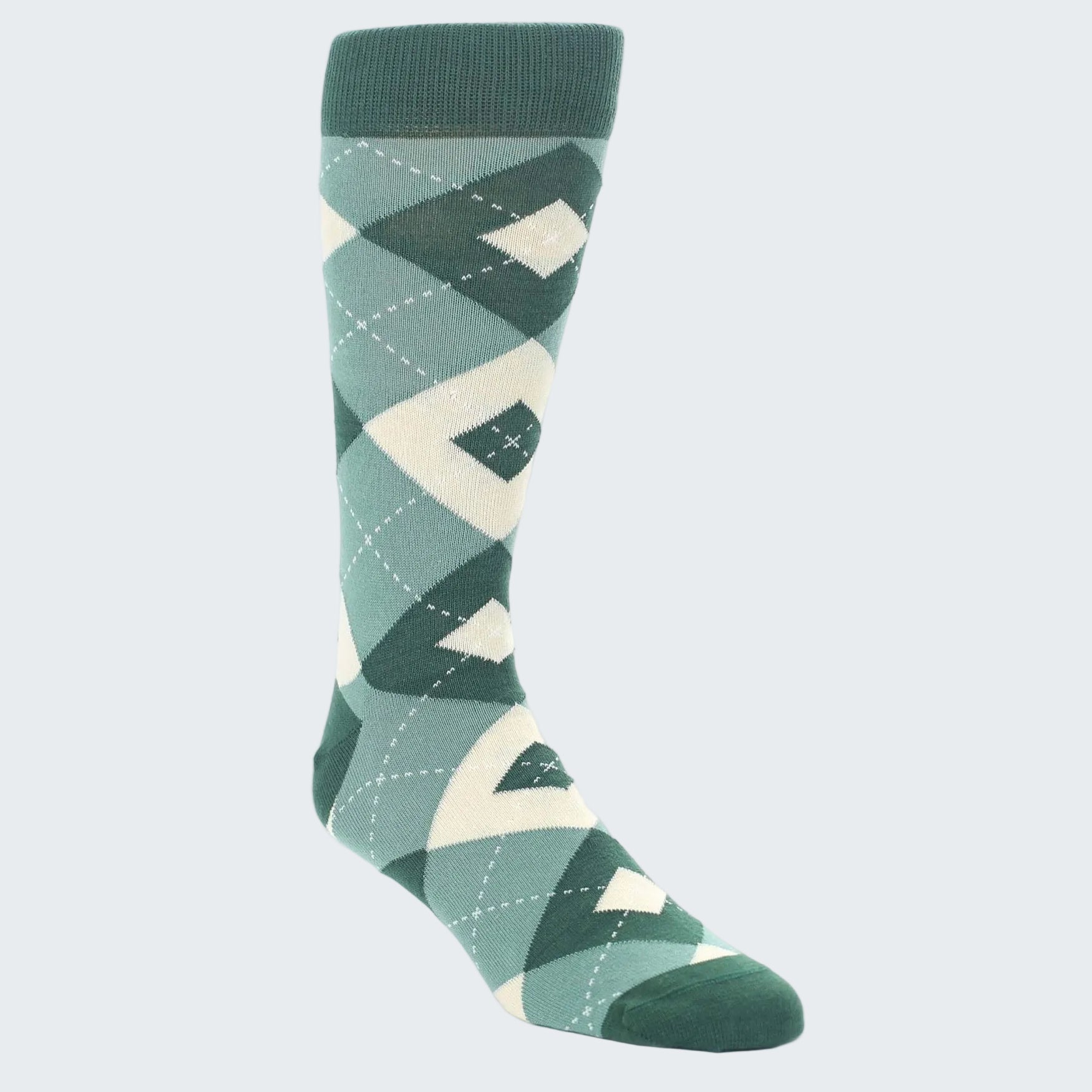 Green argyle patterned sock on a white background