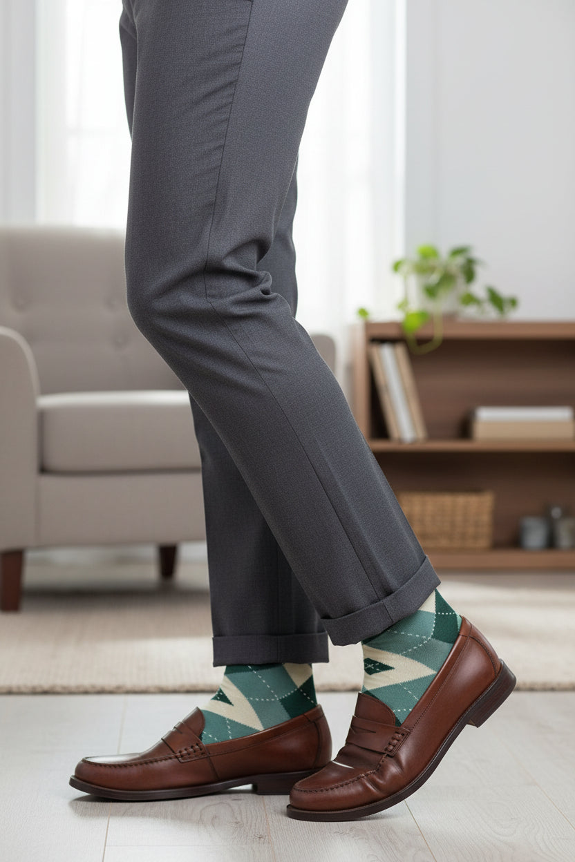 A single knee-high argyle sock in shades of teal green, dark forest green, and cream, shown against a plain white background.