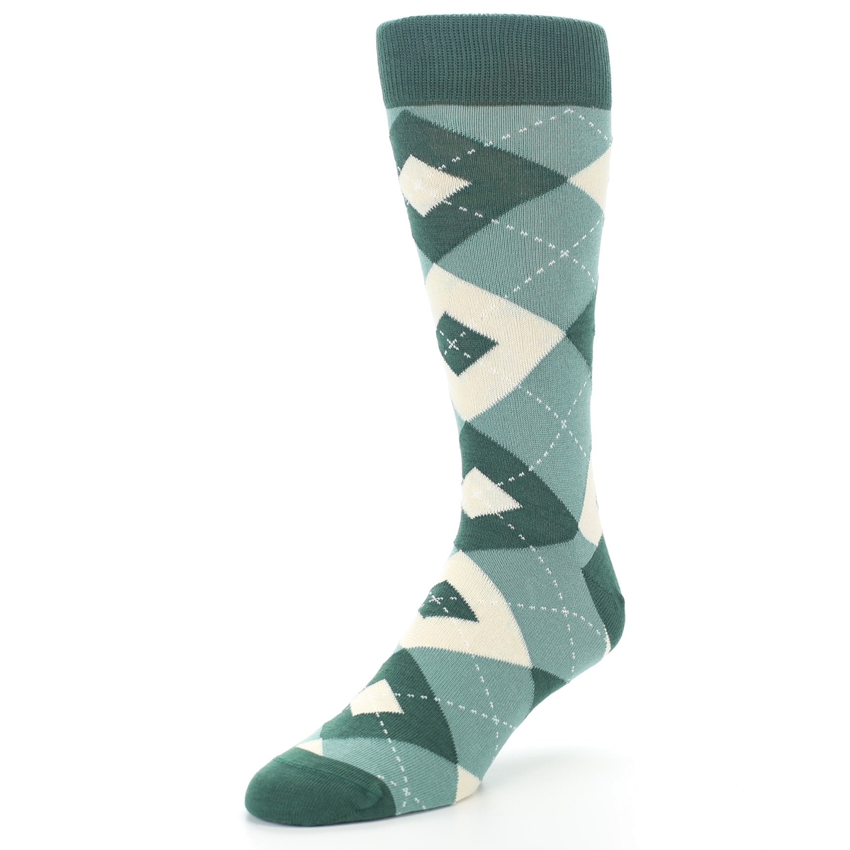 A single knee-high argyle sock in shades of green and cream, shown on a white background.