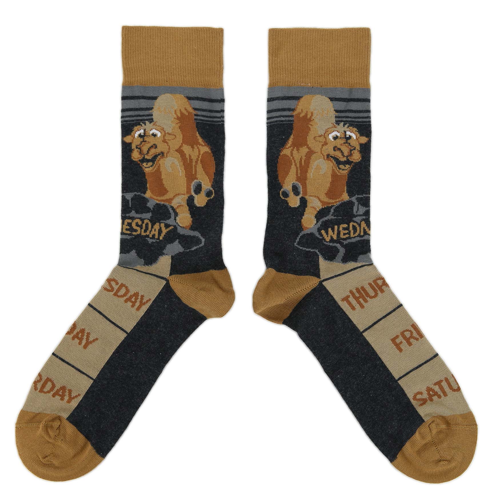Pair of socks with cartoon character and days of the week design on a white background