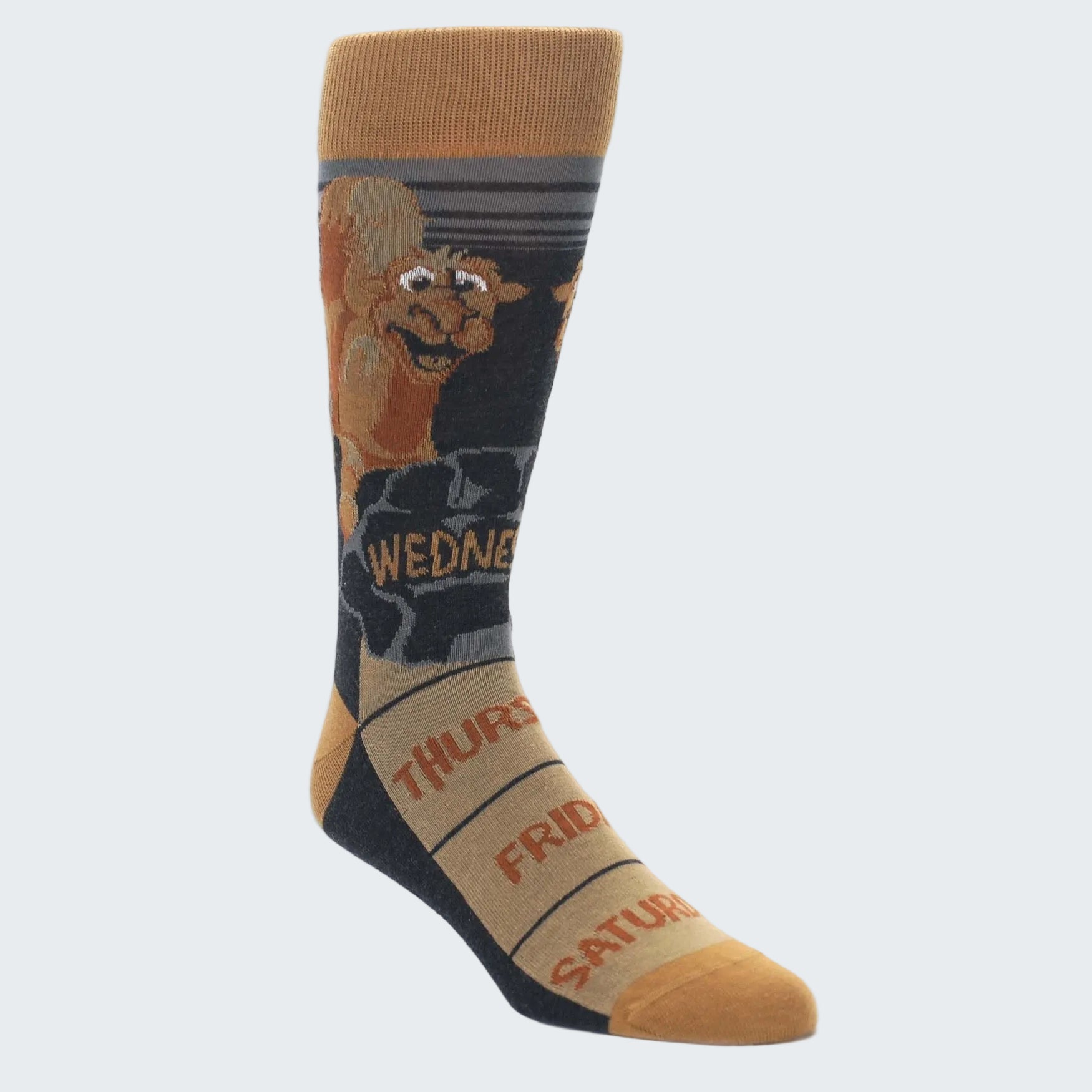 Sock with a dog design and days of the week text on a white background