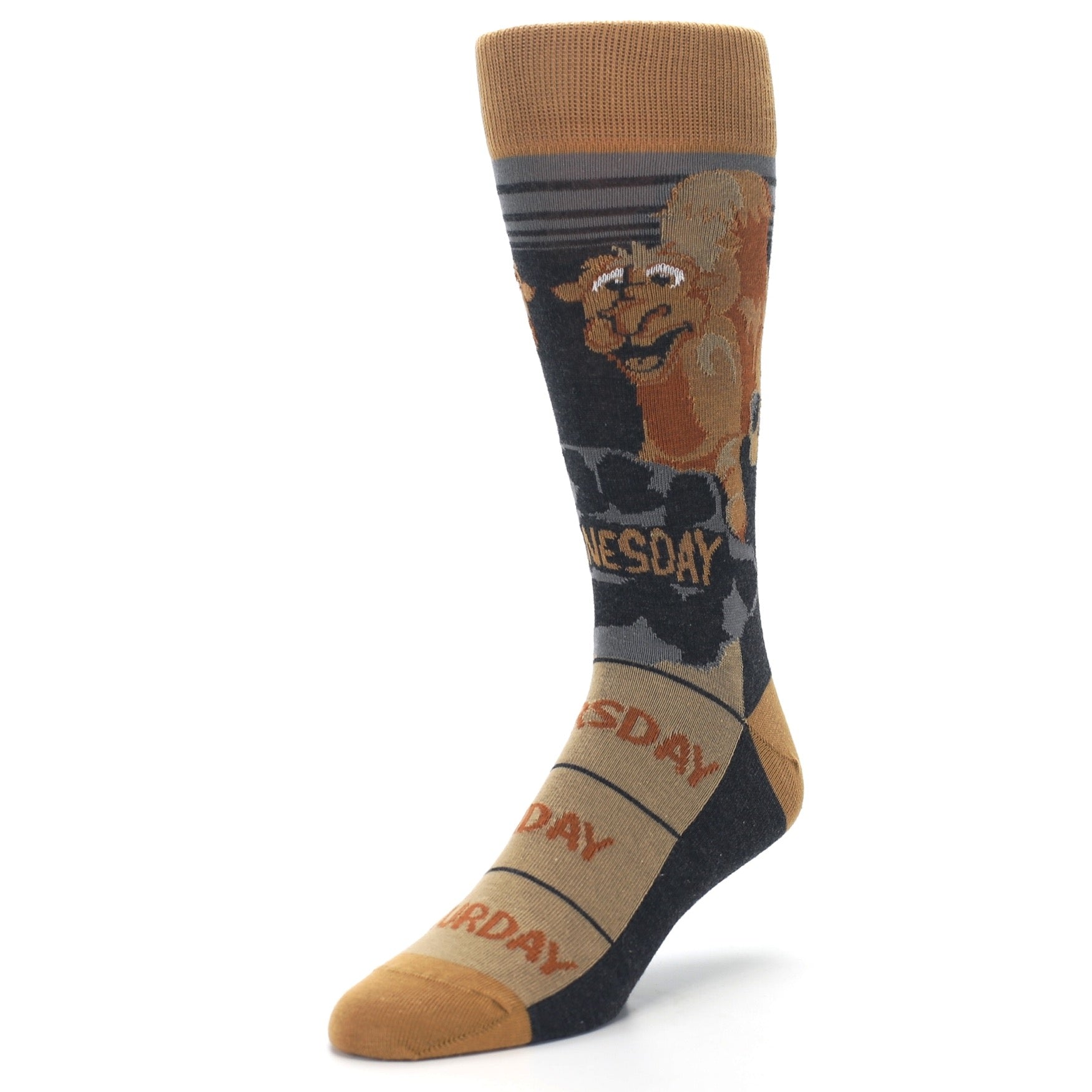 Sock with cartoon character and 'Wednesday' text on a white background