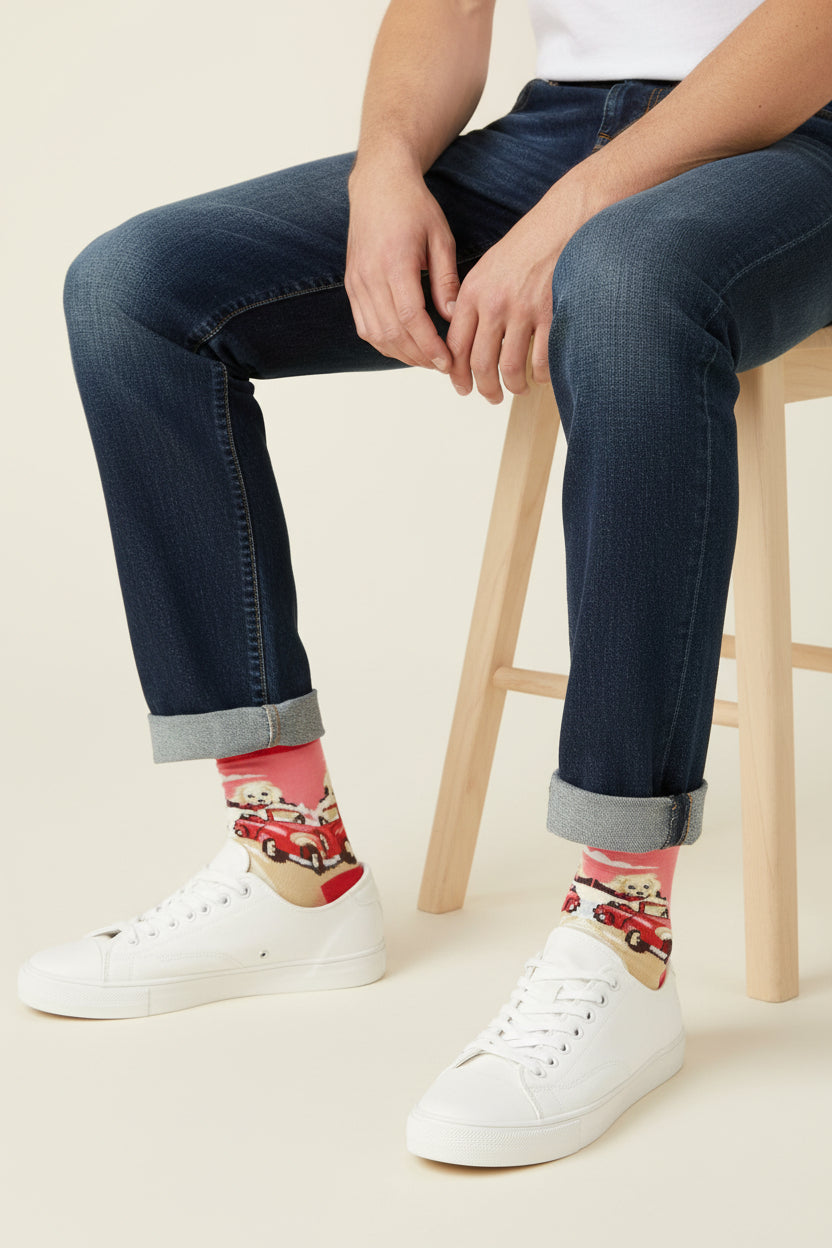 Sock with a design of a dog on a red background