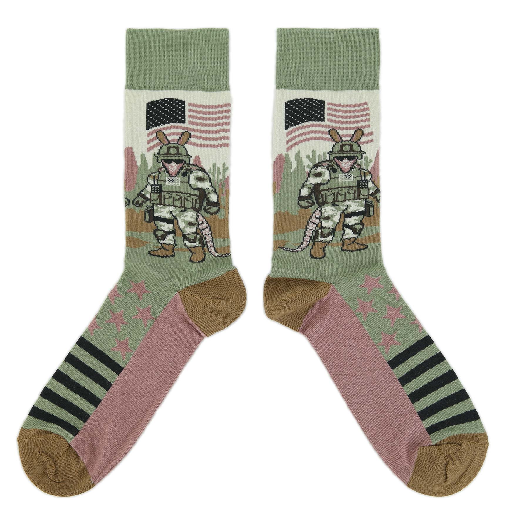 Pair of socks with a soldier and bunny design on a white background