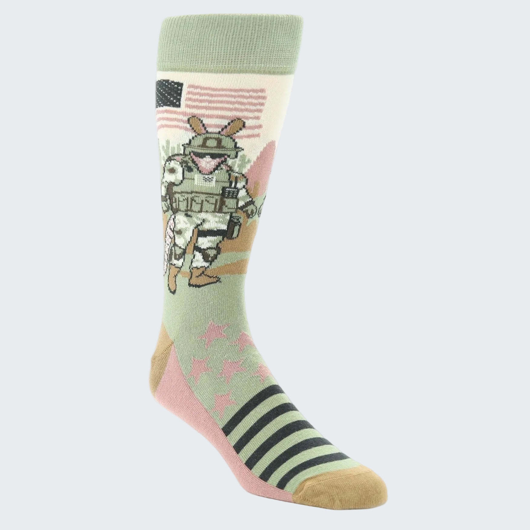 Sock with military-themed design featuring a soldier and American flag on a white background