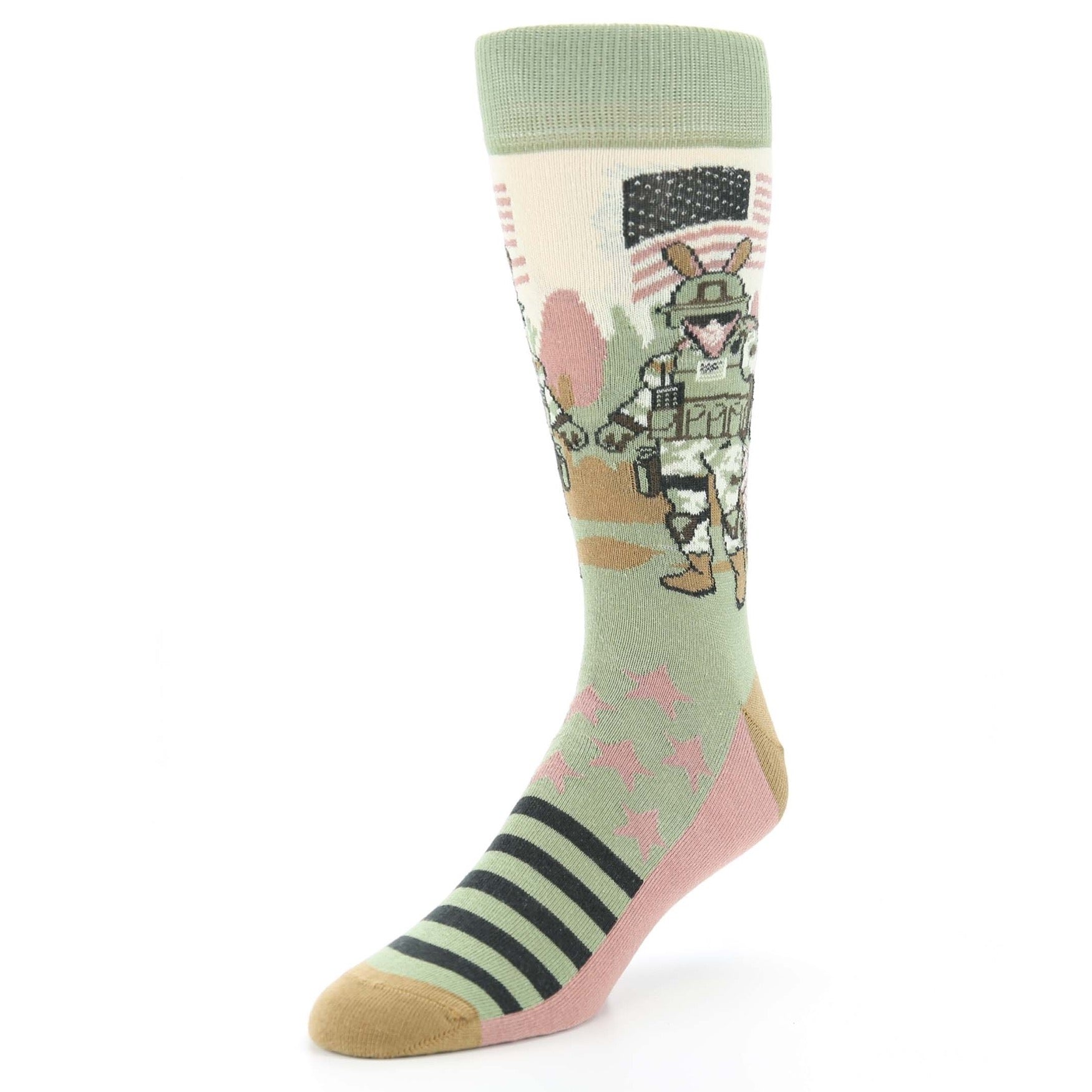 Sock with soldier and American flag design on a white background