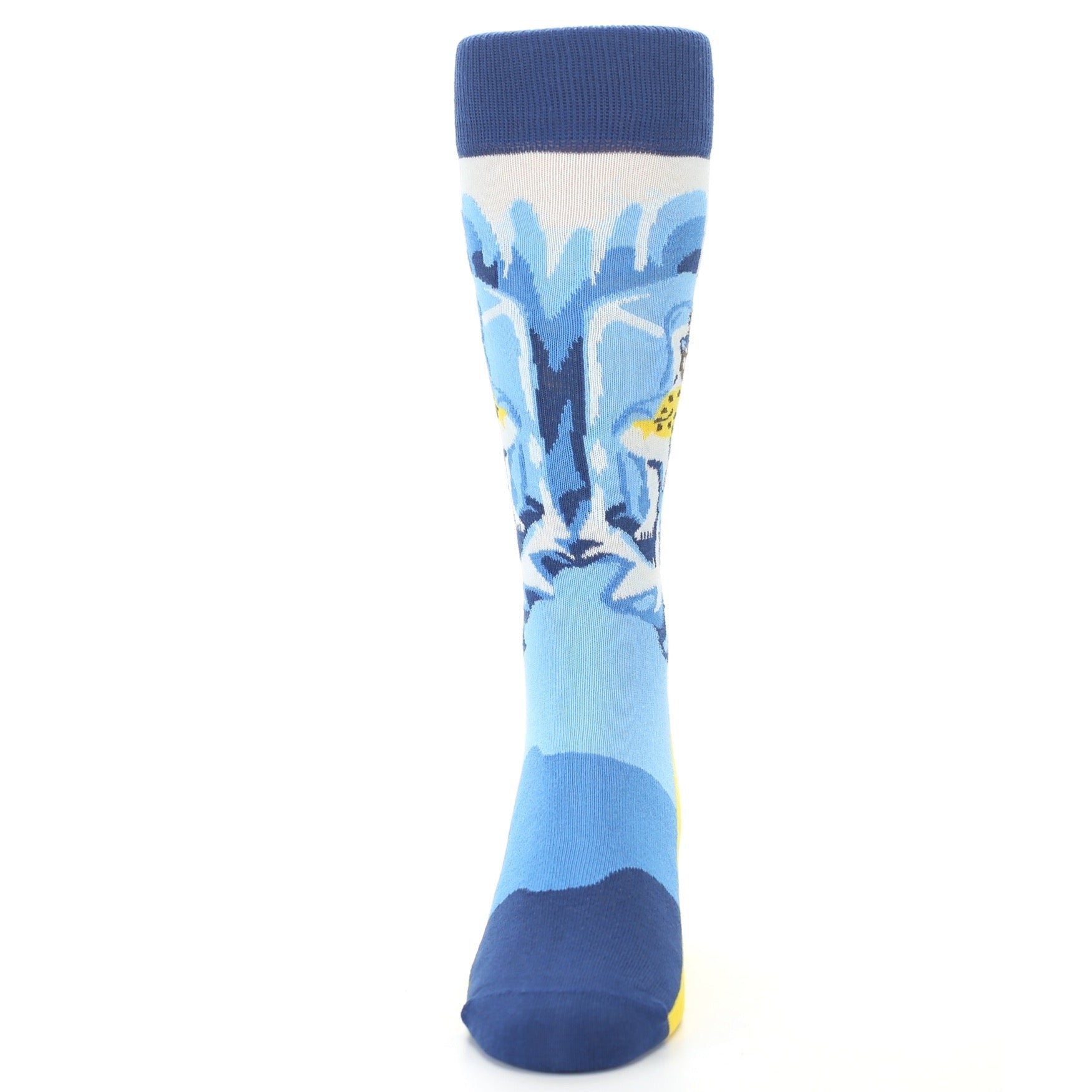 Colorful sock with blue and white design on a white background