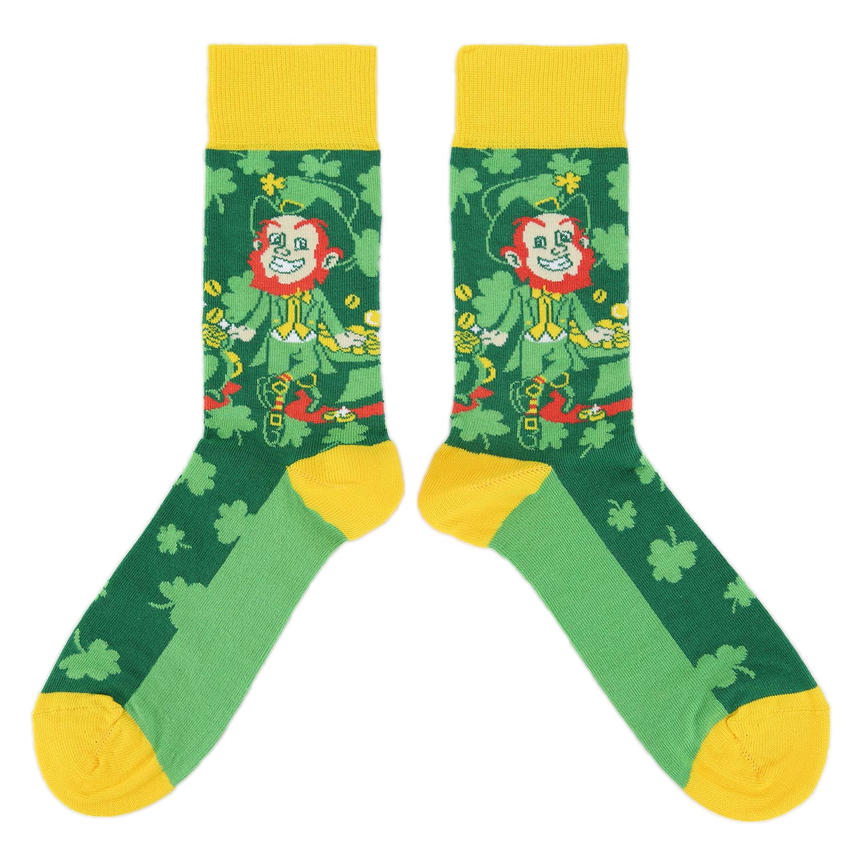 Green socks with a leprechaun design and yellow accents on a white background
