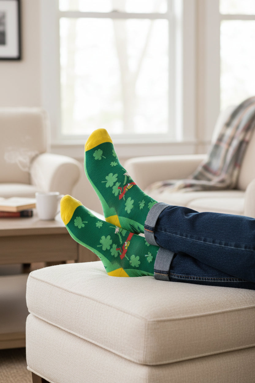 Green sock with shamrock pattern and yellow accents on a white background