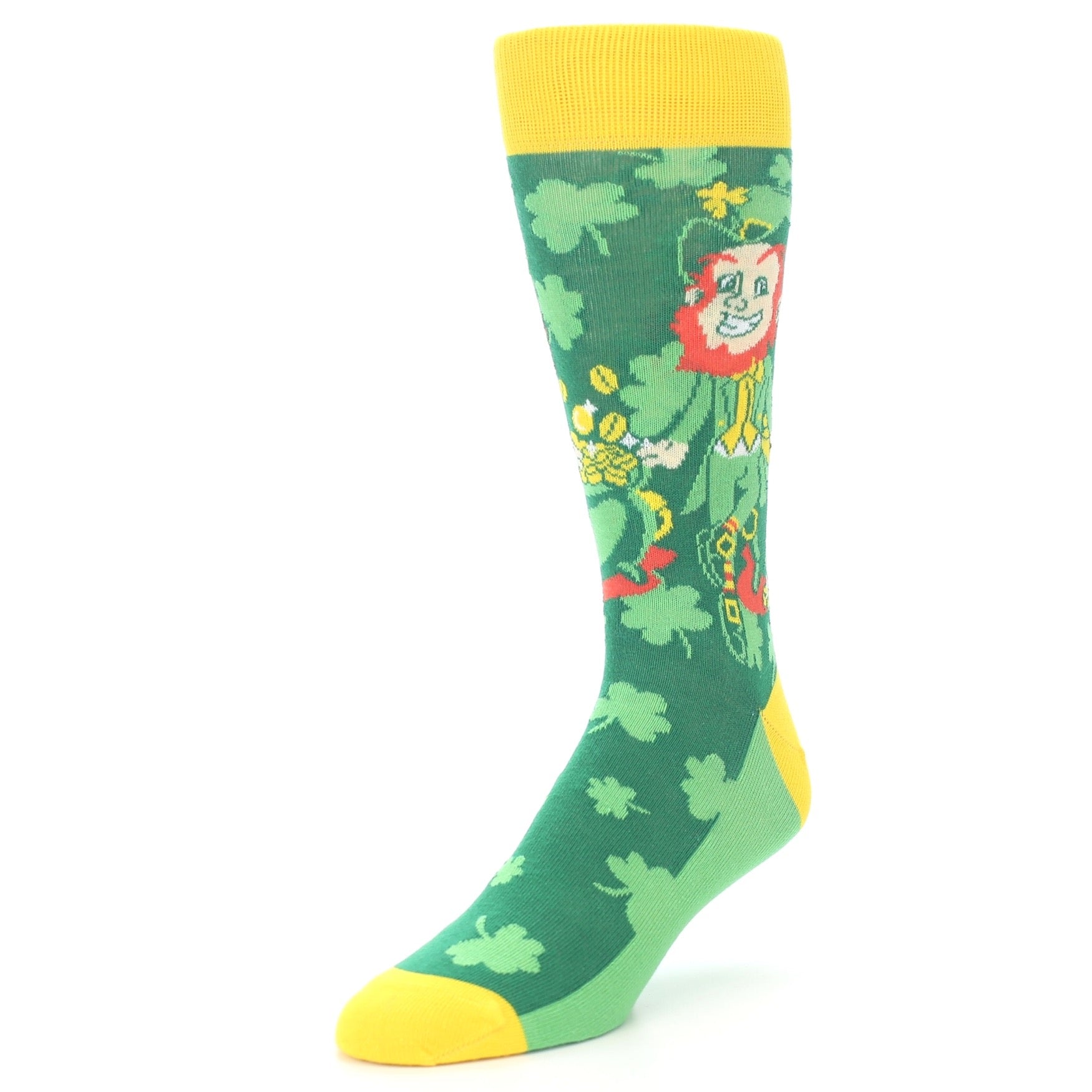Green sock with shamrock patterns and yellow accents on a white background