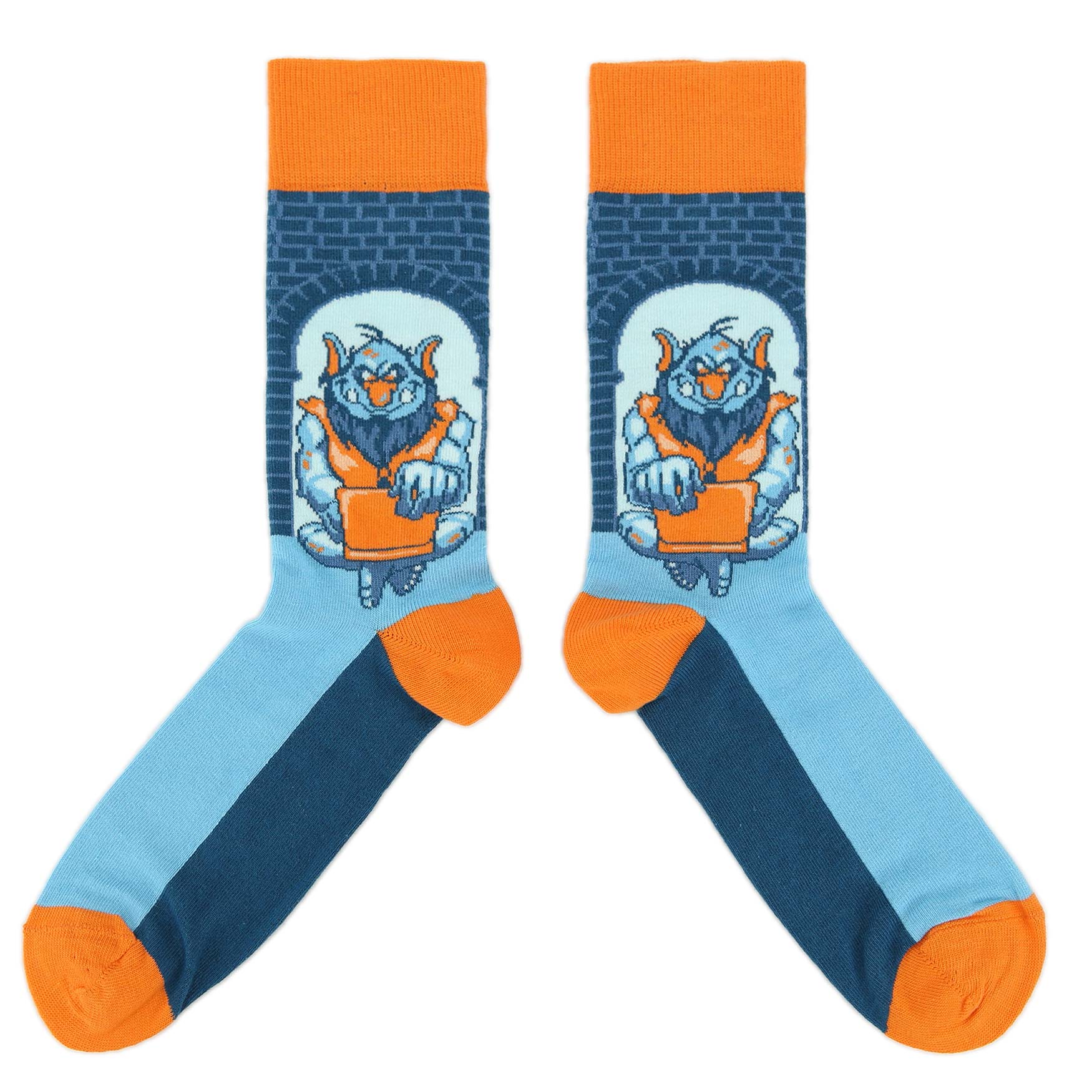 Pair of socks with a cartoon character design on a white background