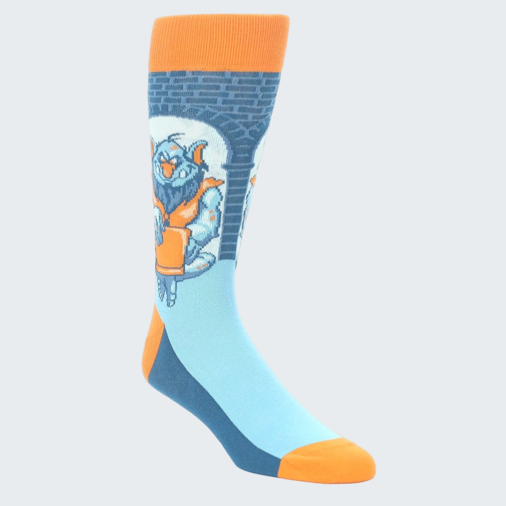 Colorful sock with a character design on a white background