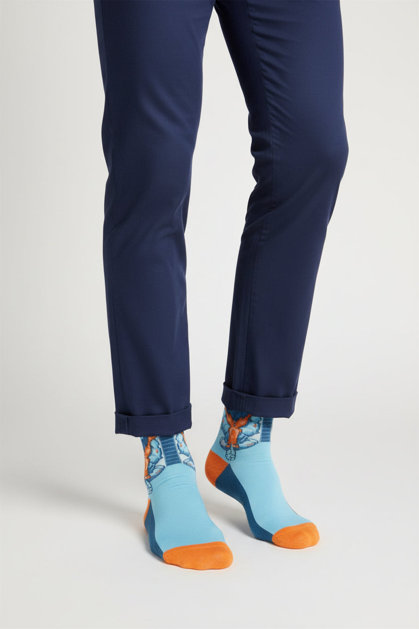 Colorful sock with a blue and orange design on a white background