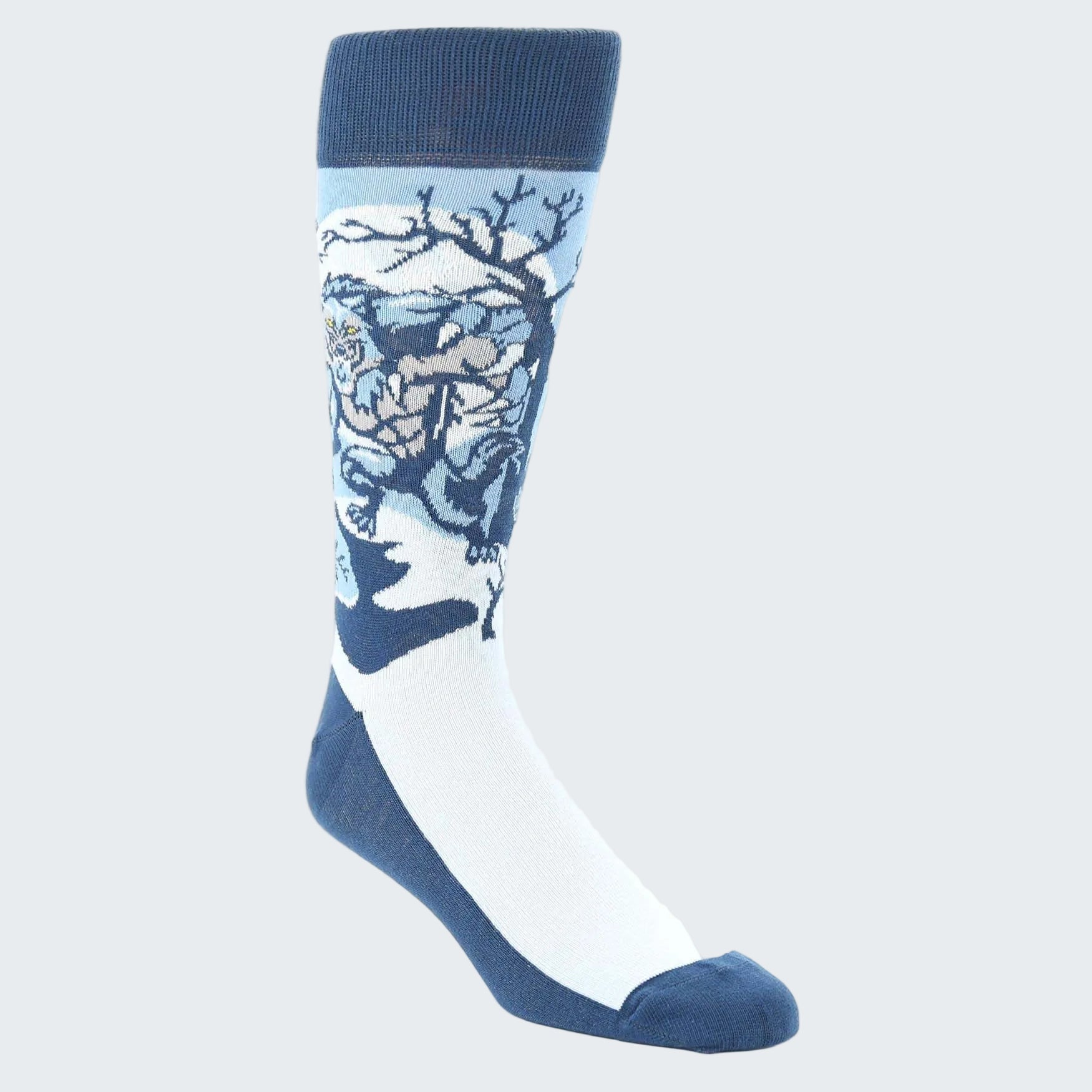Sock with a design of a tiger in a snowy landscape on a white background