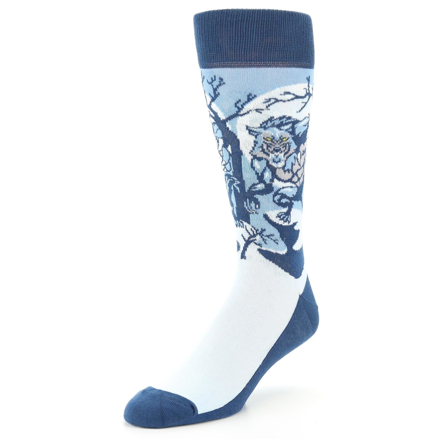 Sock with blue and white design on a white background