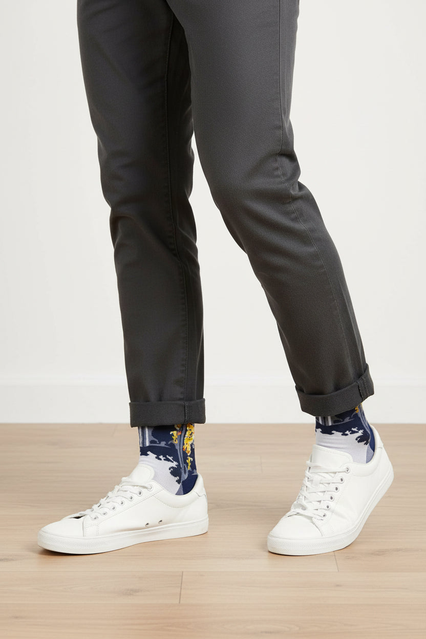 Sock with a blue and white design on a white background