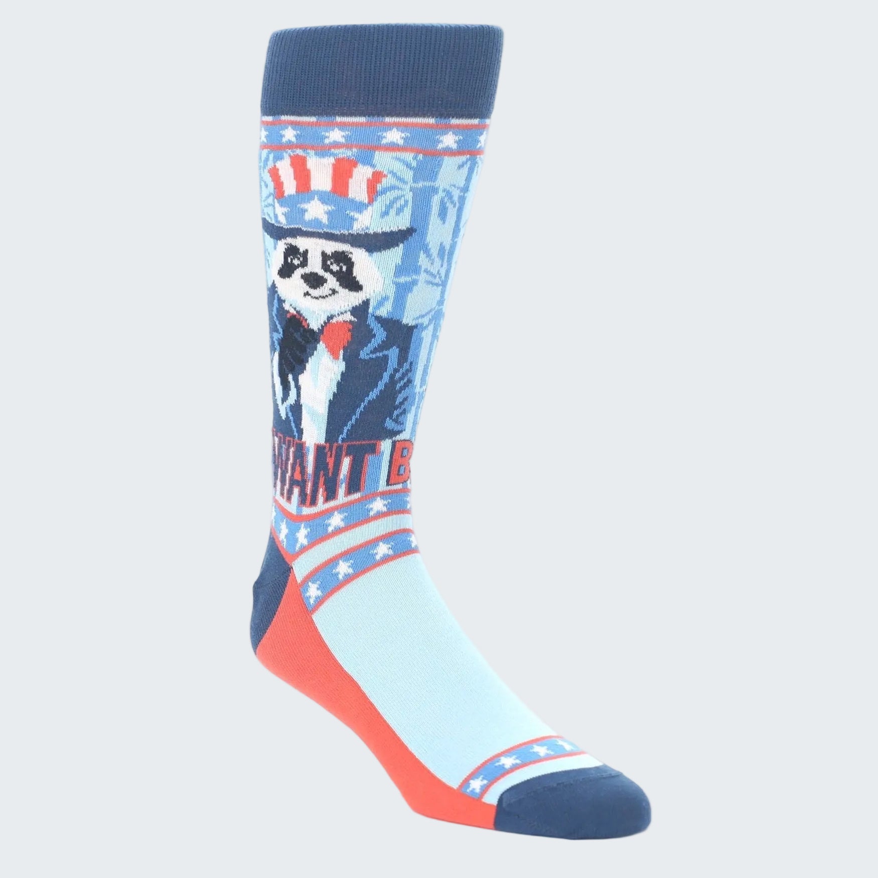 Sock with a dog wearing an American flag hat design on a white background