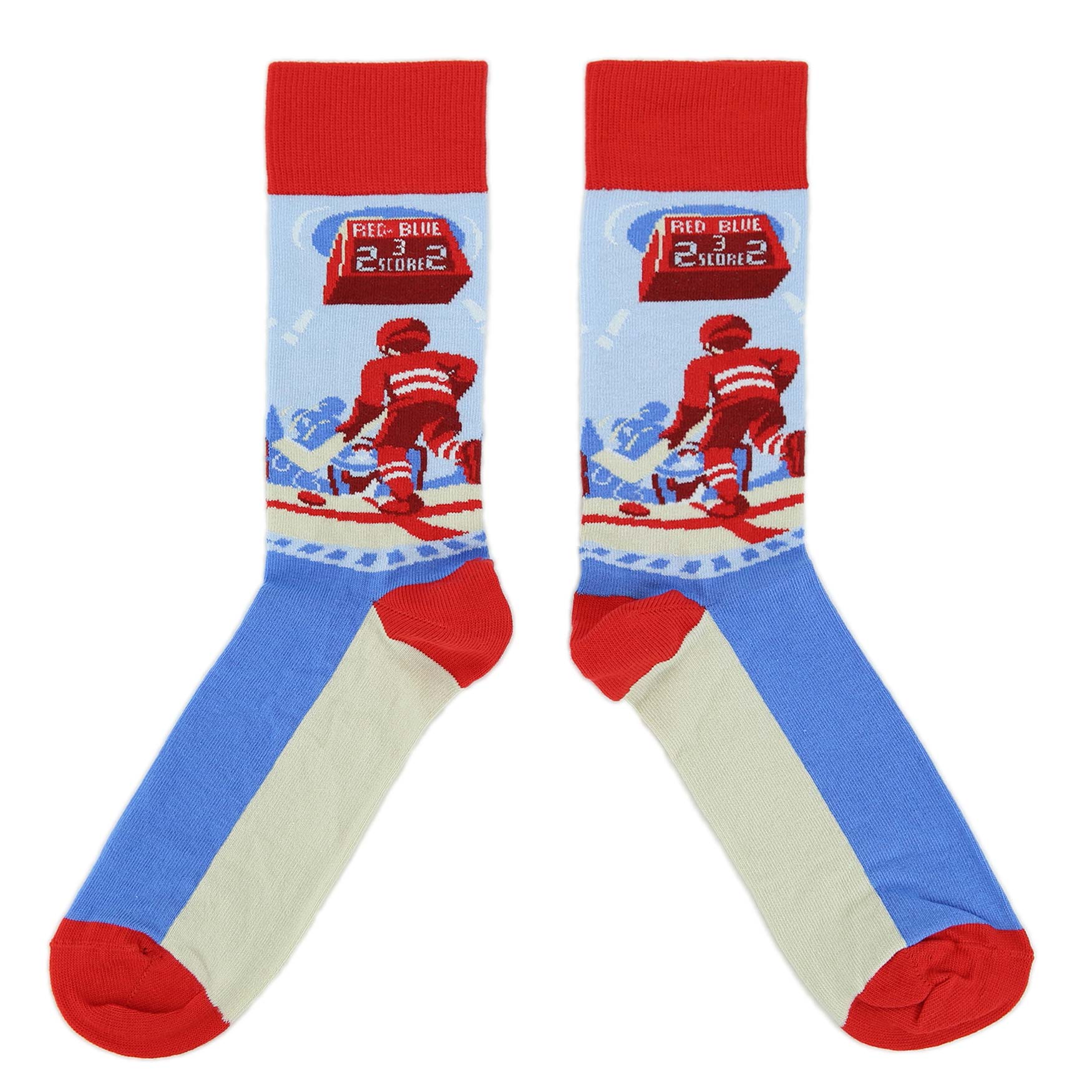 Hockey-themed socks with a player on an ice rink design, featuring red, blue, and white colors.
