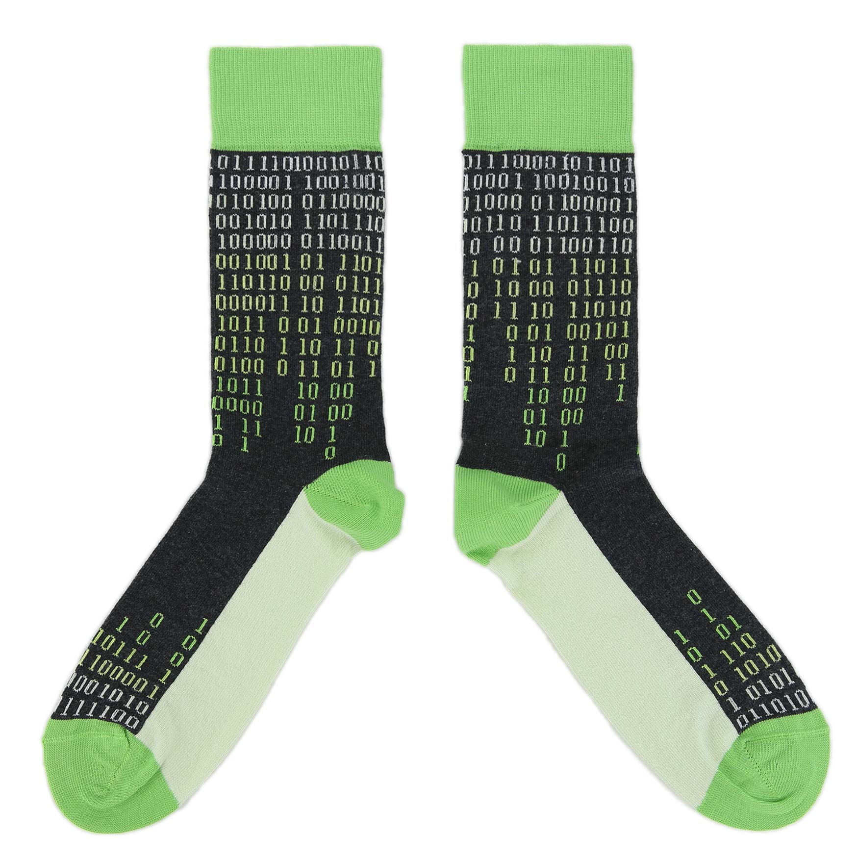Pair of socks with binary code pattern and green accents on a white background