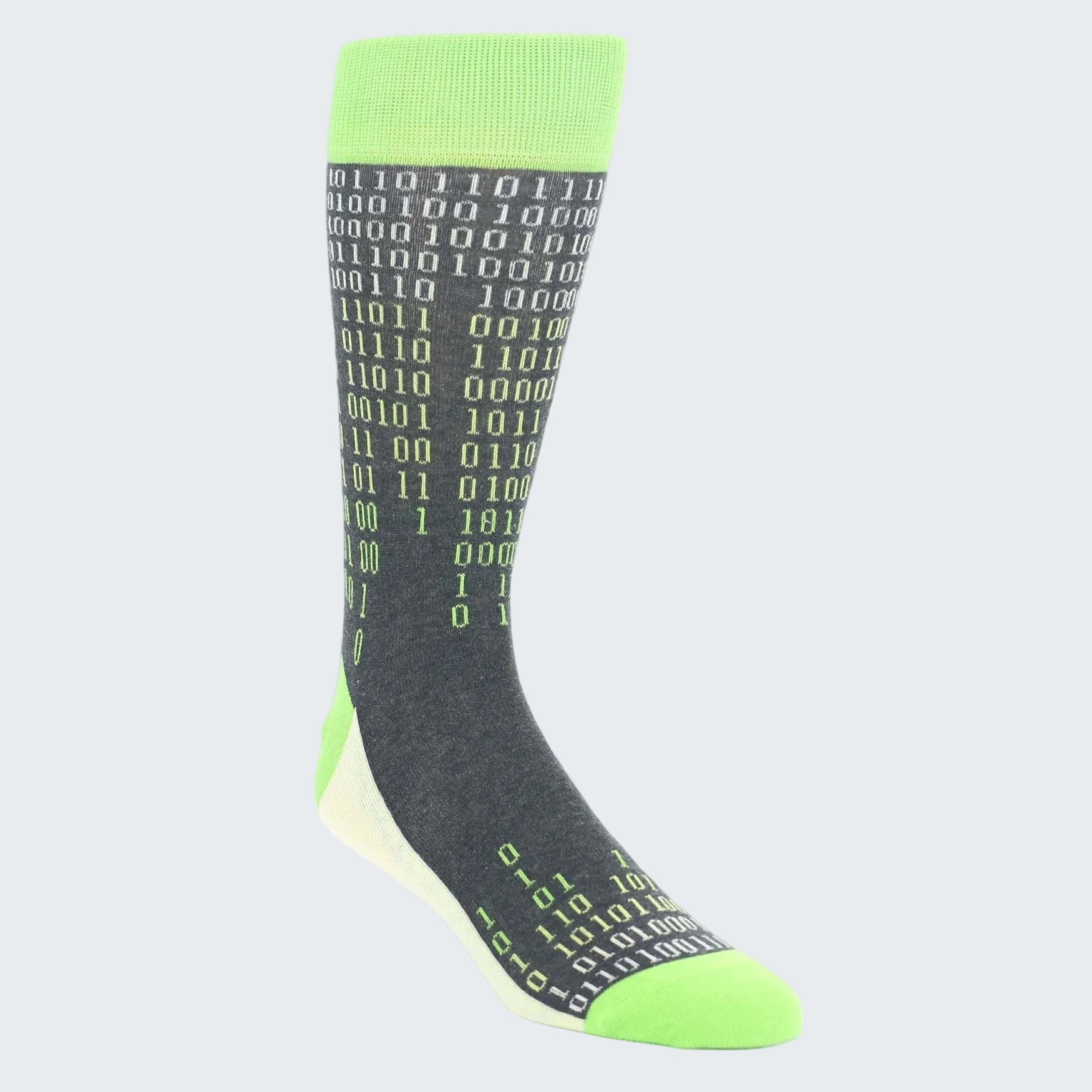 Gray sock with binary code pattern and green accents on a white background