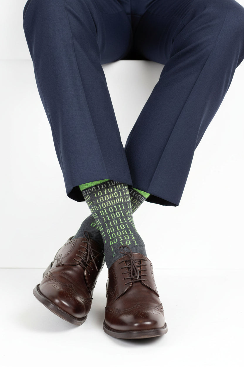 Gray sock with binary code pattern and green accents on a white background