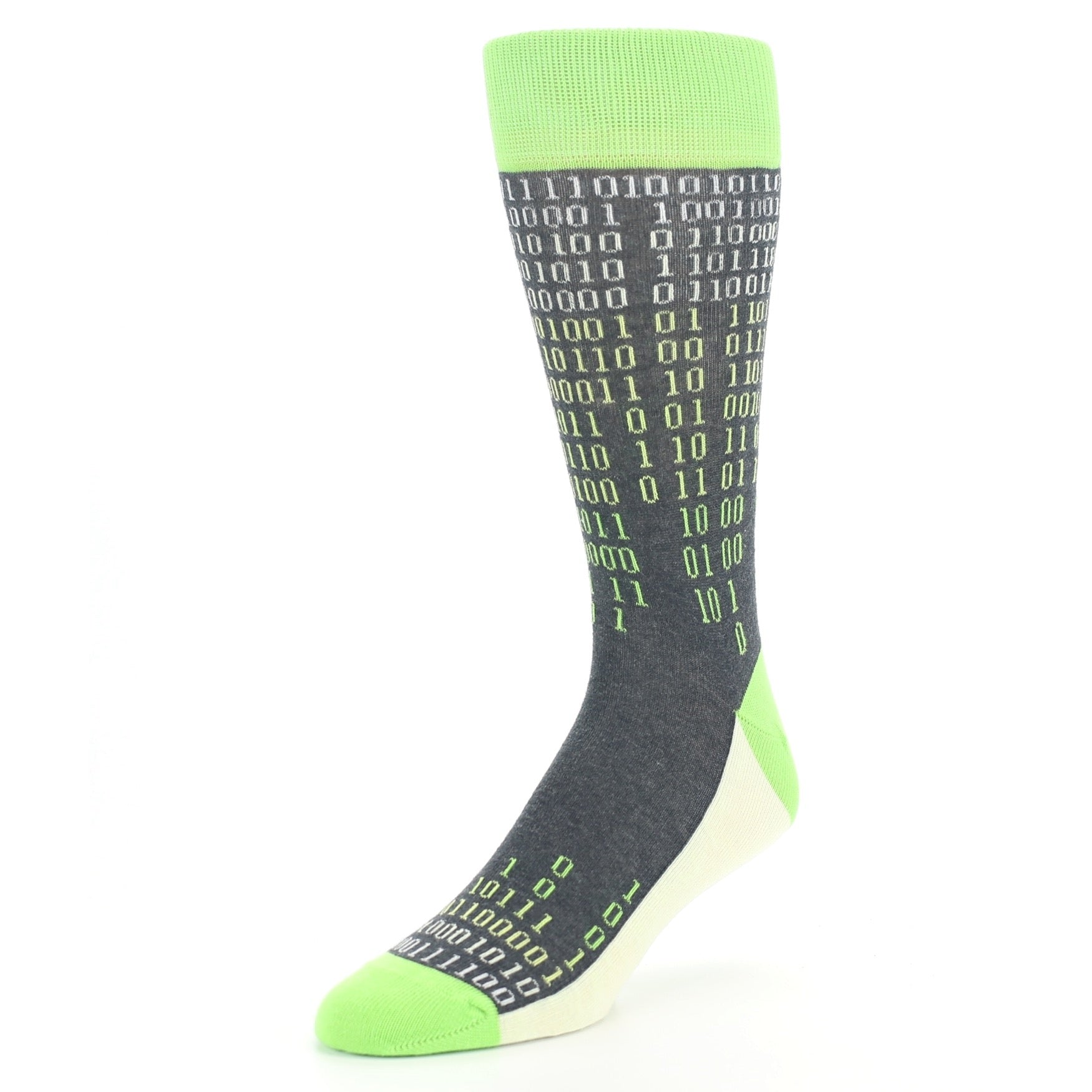Gray sock with binary code pattern and green accents on a white background