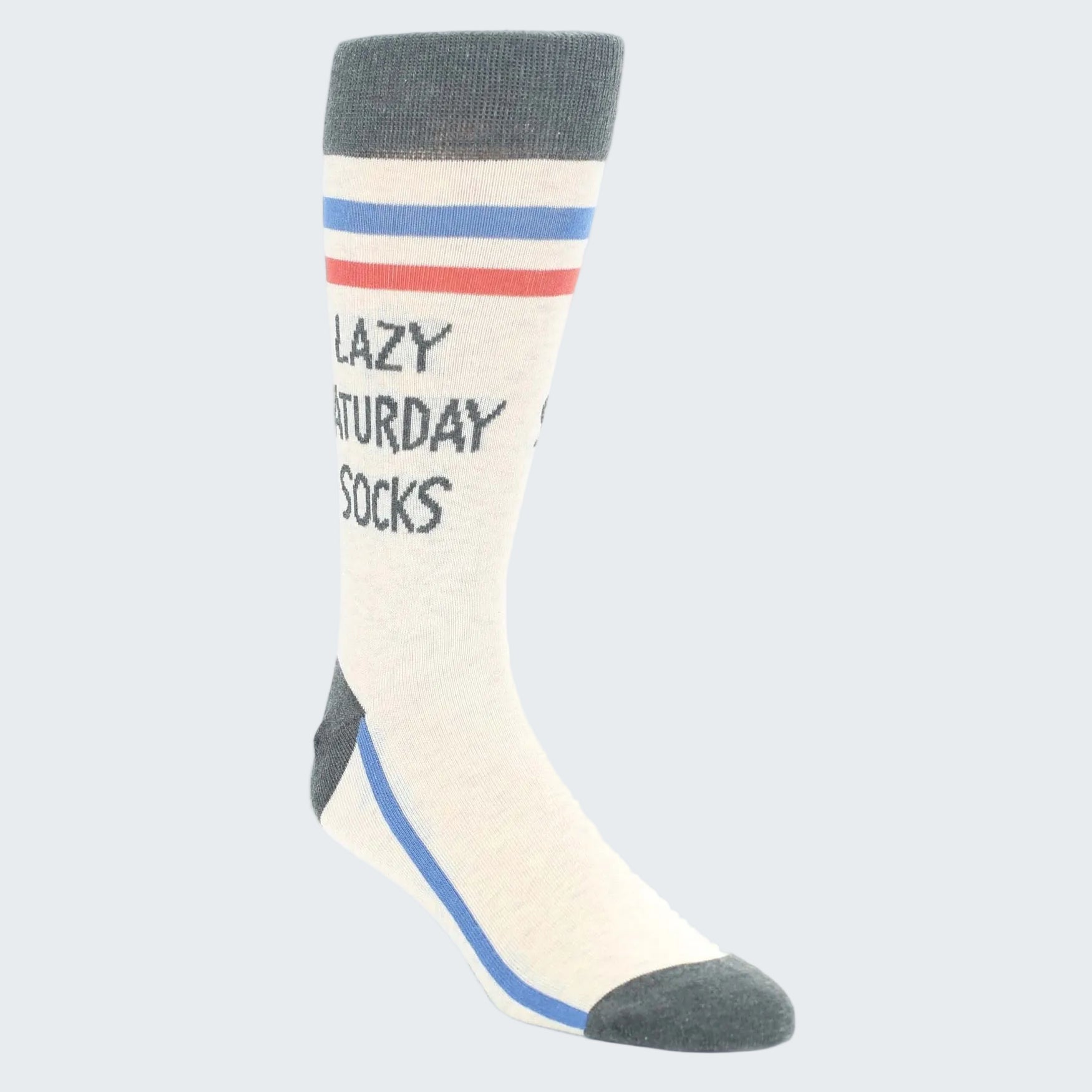 Sock with 'Lazy Saturday Socks' text on a white background
