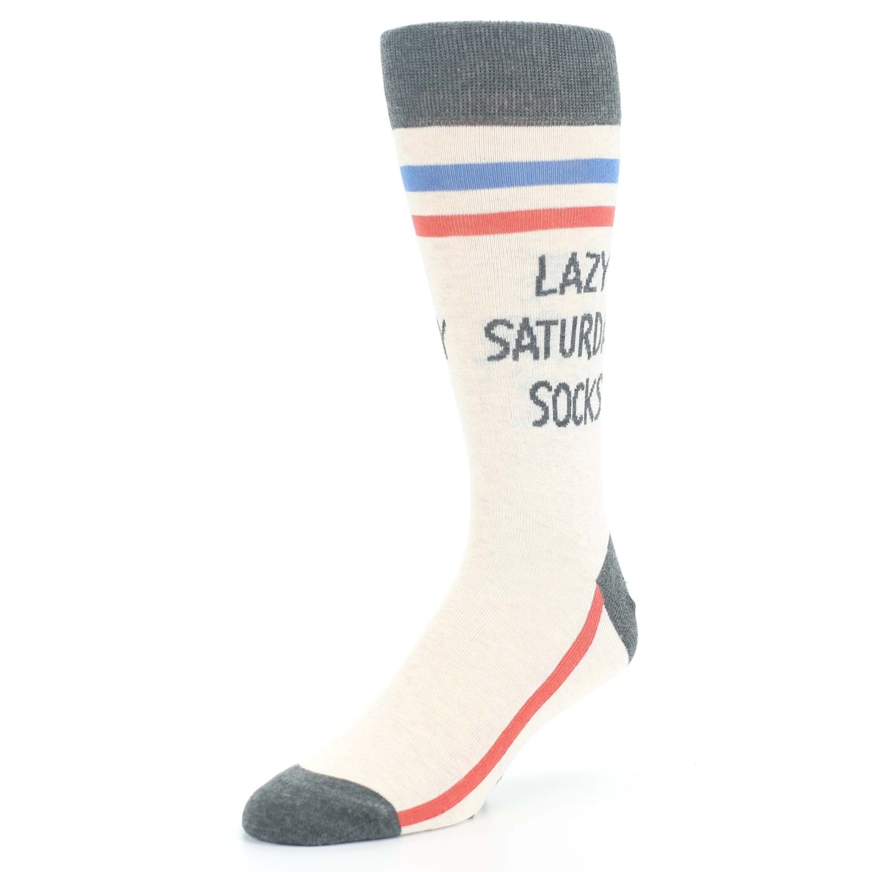 Sock with 'Lazy Saturday Socks' text on a white background