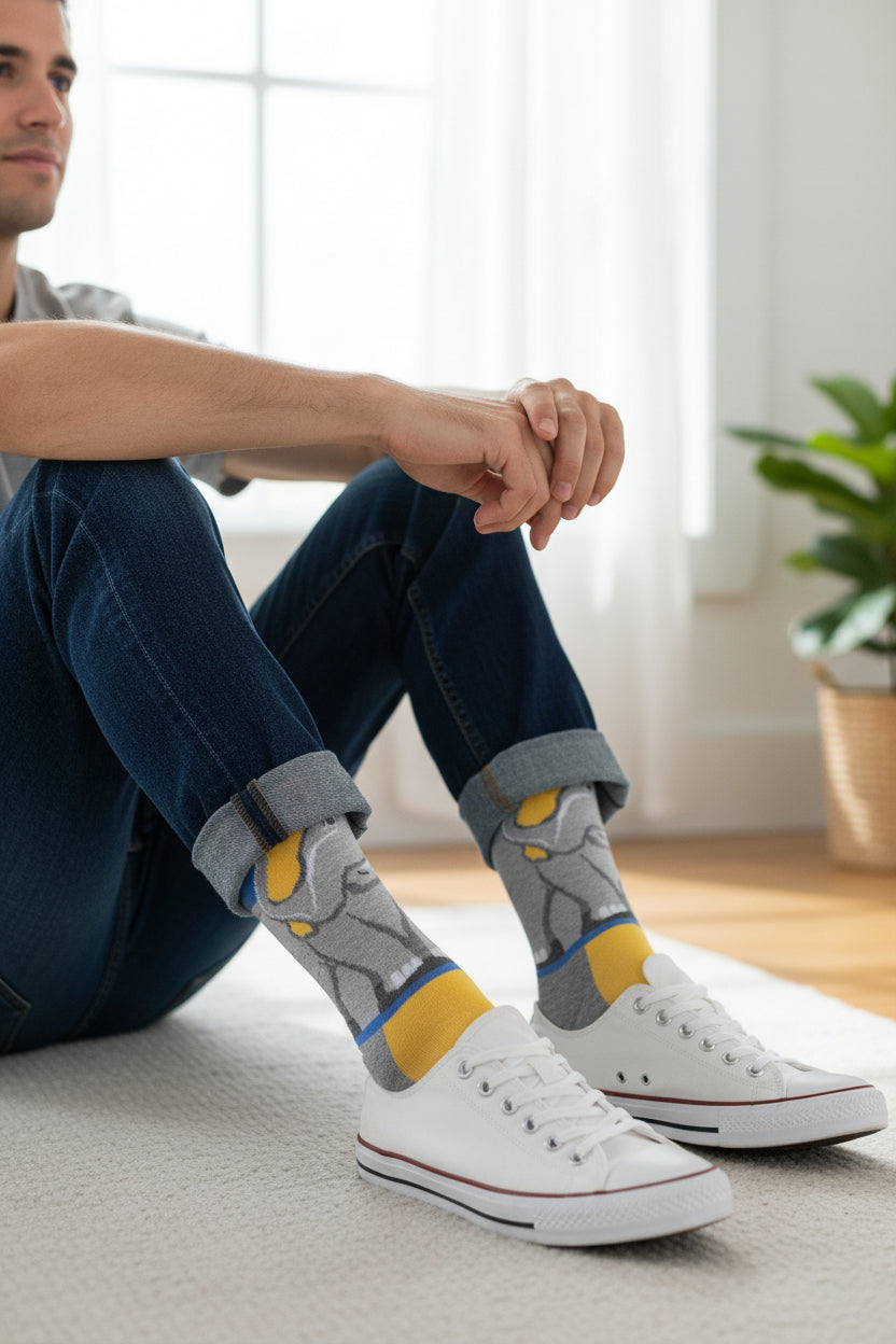 Sock with a cartoon elephant design on a white background