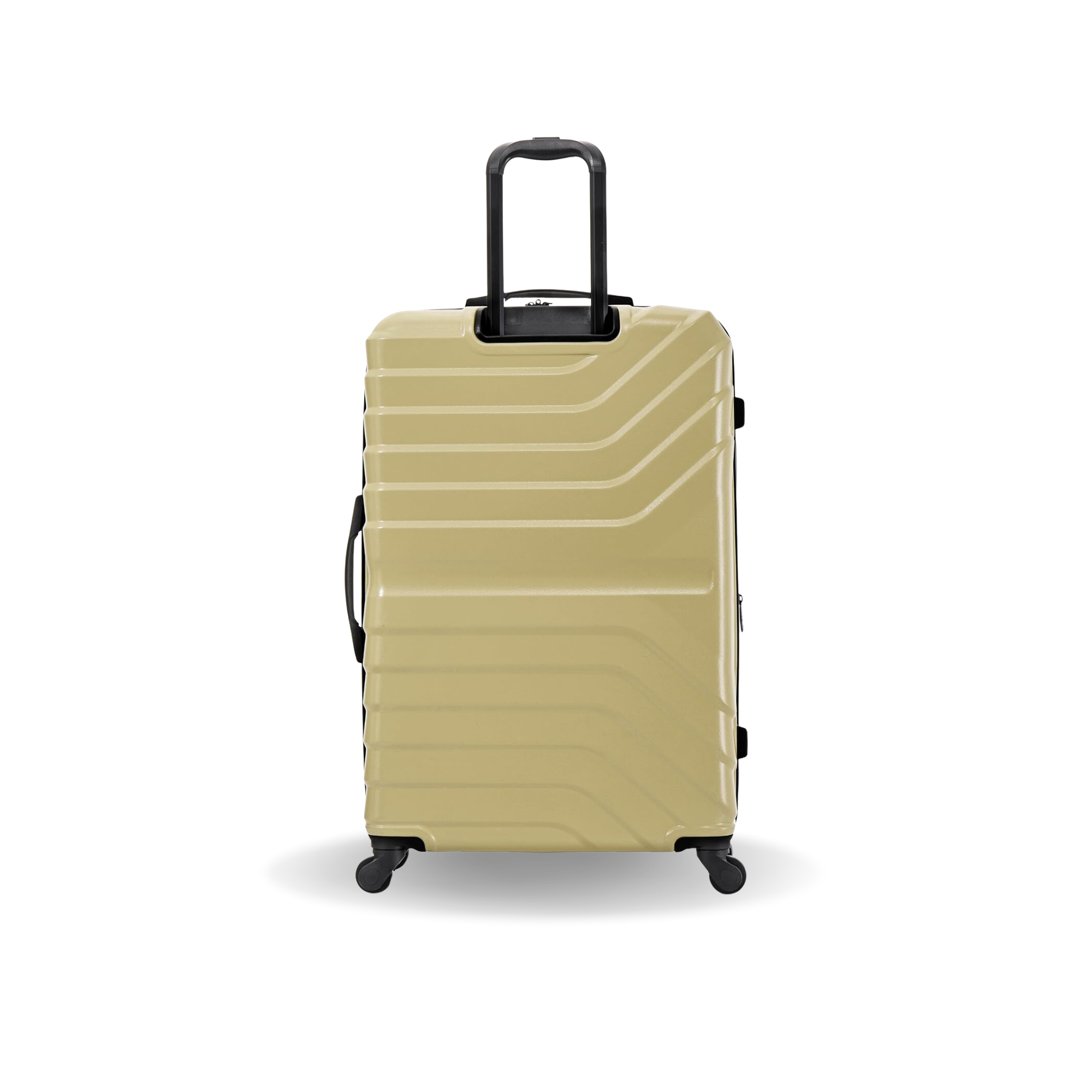 Beige suitcase with a black handle on a white background