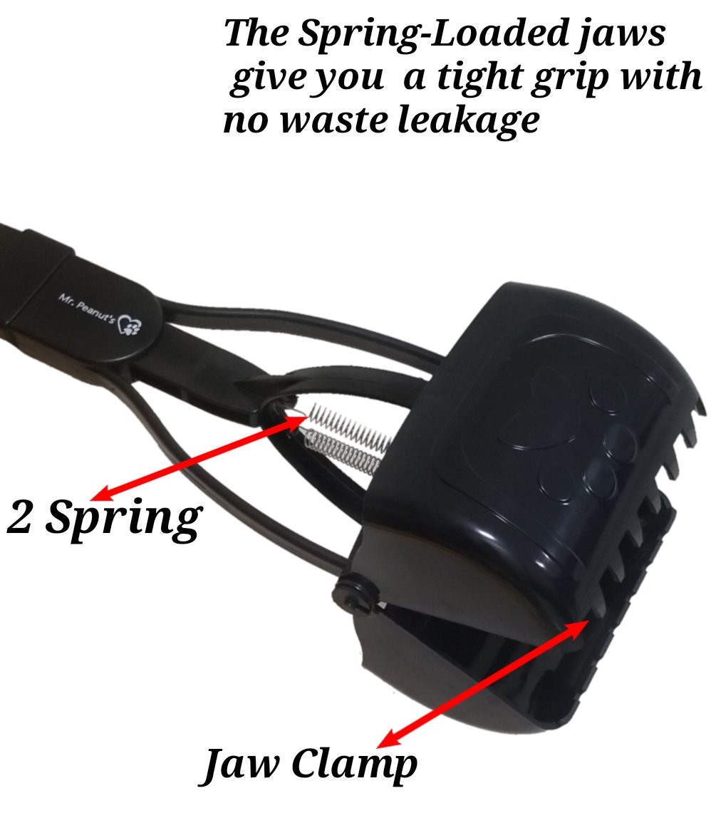 Black jaw clamp with spring mechanism labeled, featuring text about its features.