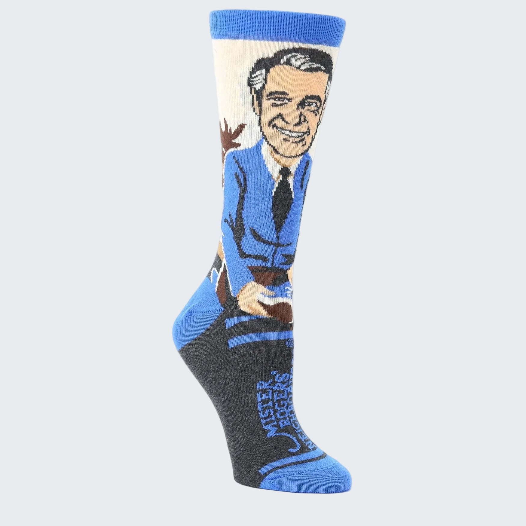 Sock with a graphic of a smiling man in a blue suit on a white background