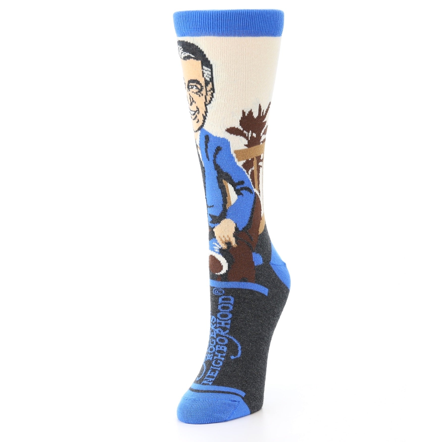 Sock with a graphic design of a person holding a plant on a white background