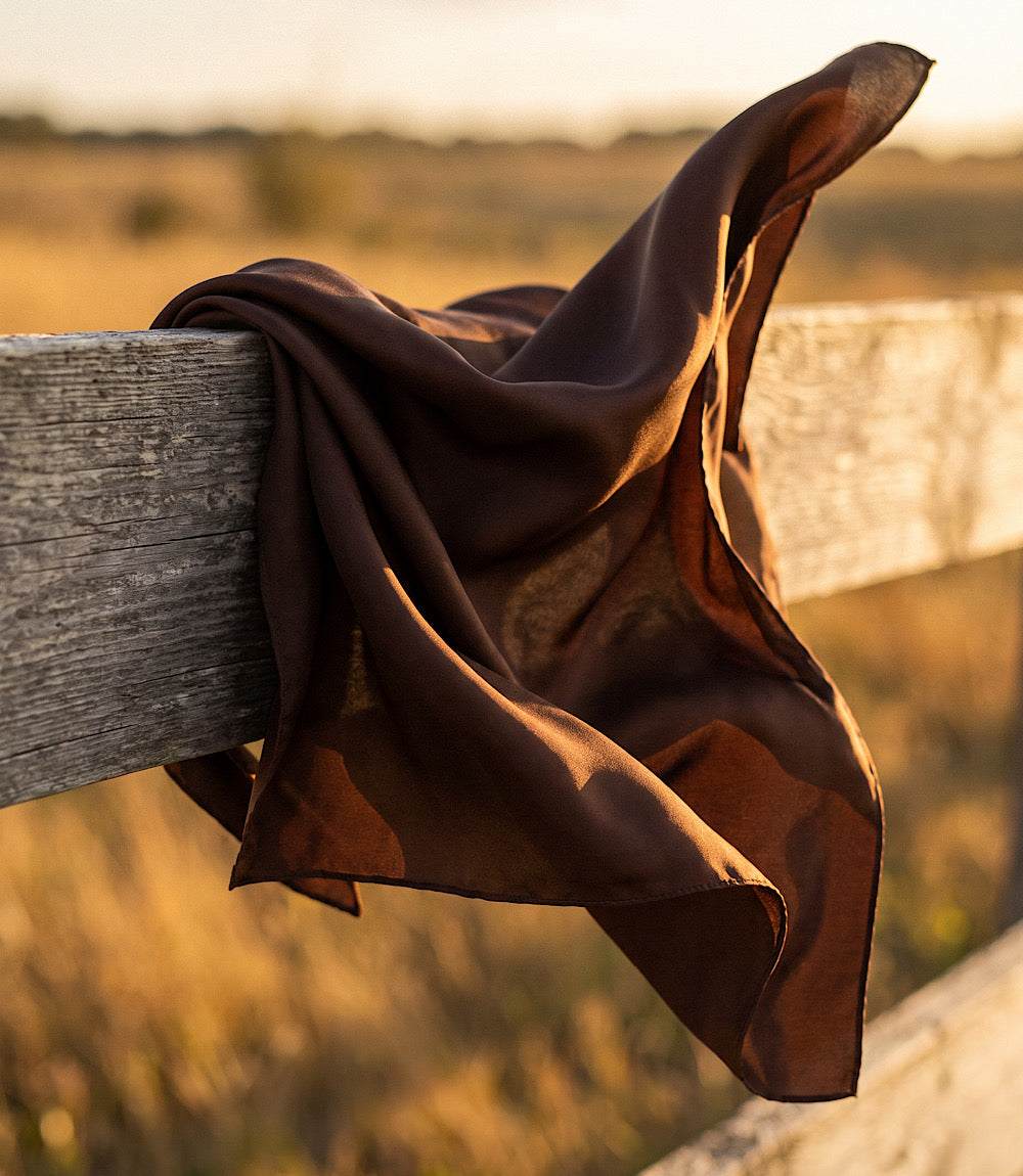 A dark brown silk scarf draped over a weathered wooden fence in an outdoor field during golden hour.