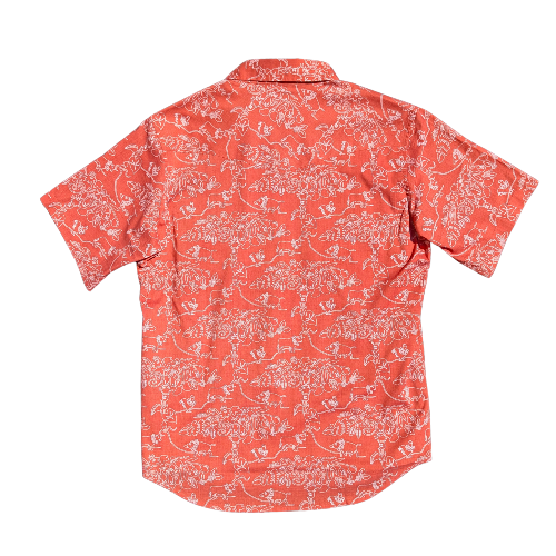 Red shirt with white floral pattern on a white background