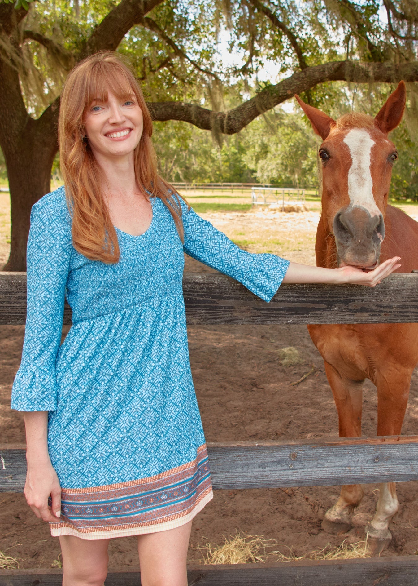 Woman in a blue dress standing next to a horse behind a wooden fence.