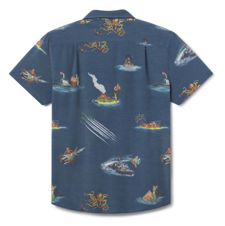 Blue shirt with island-themed pattern on a white background